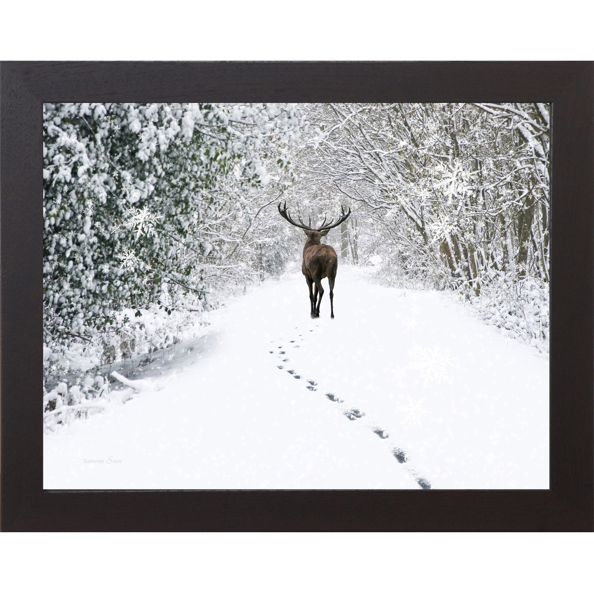 Black framed landscape winter wall art featuring a lone stag walking through snow-covered woods with a trail of tracks behind him