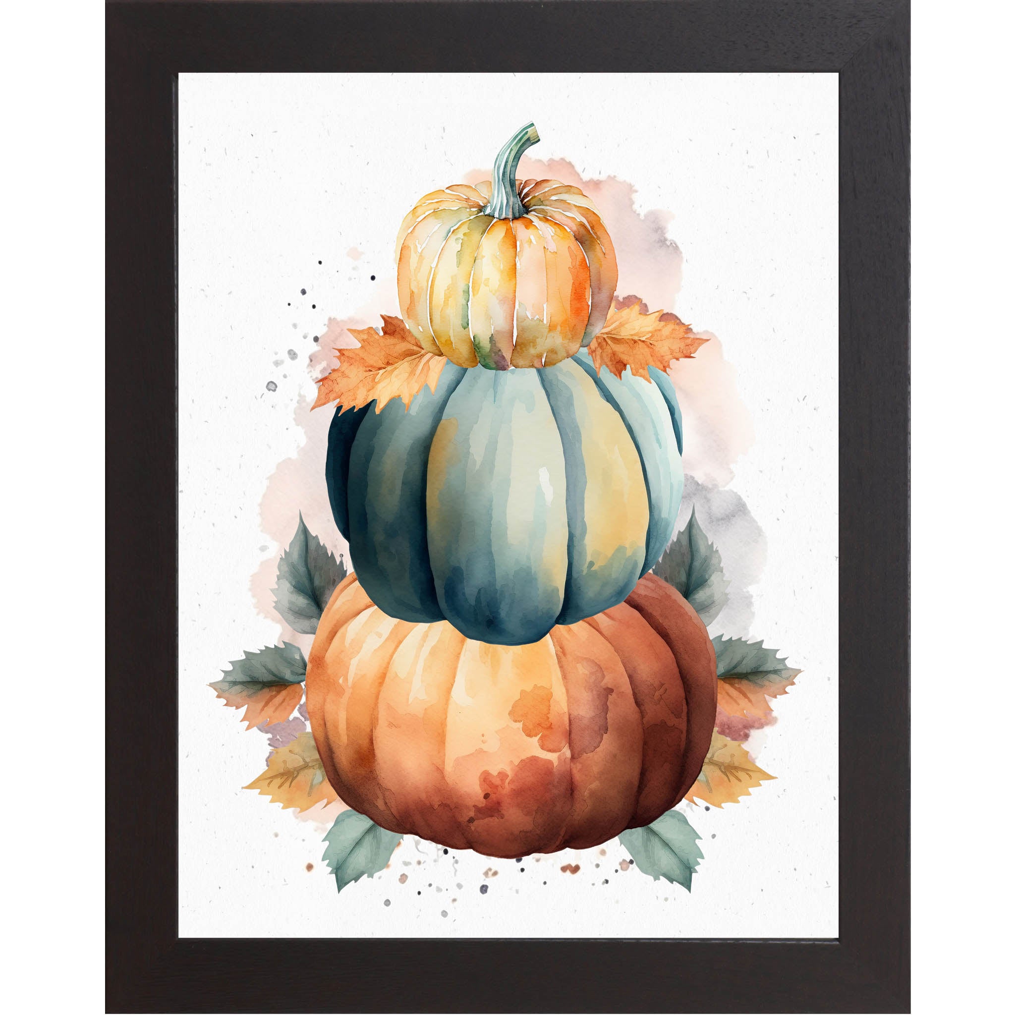 Black framed portrait fall wall art featuring three stacked watercolor pumpkins in bold orange teal and golden yellow with amber green and rust fall leaves on soft white background — NS393