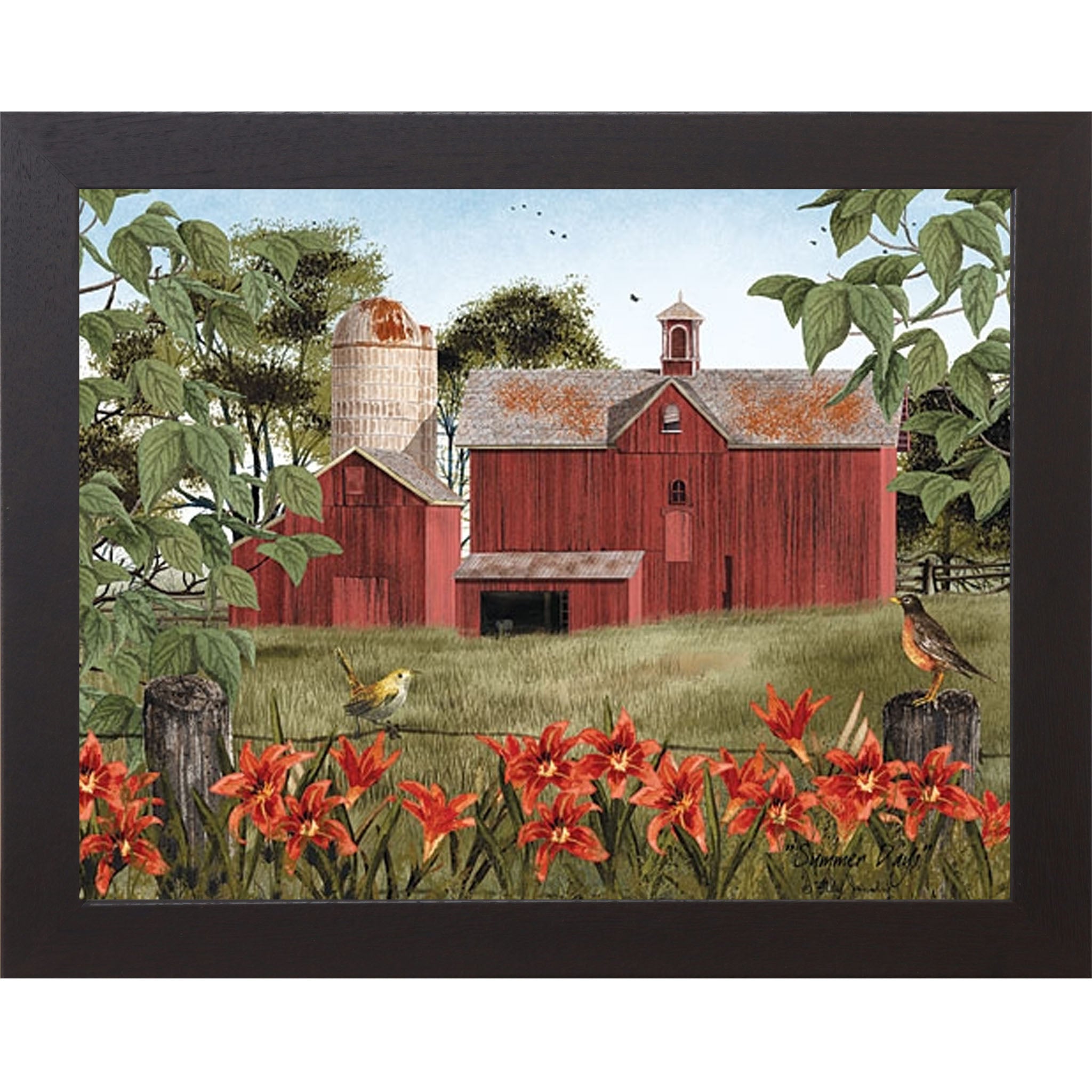 Black framed landscape Billy Jacobs wall art print of a red barn and silo surrounded by orange day lilies and meadowlarks in a lush summer field titled "Summer Days"