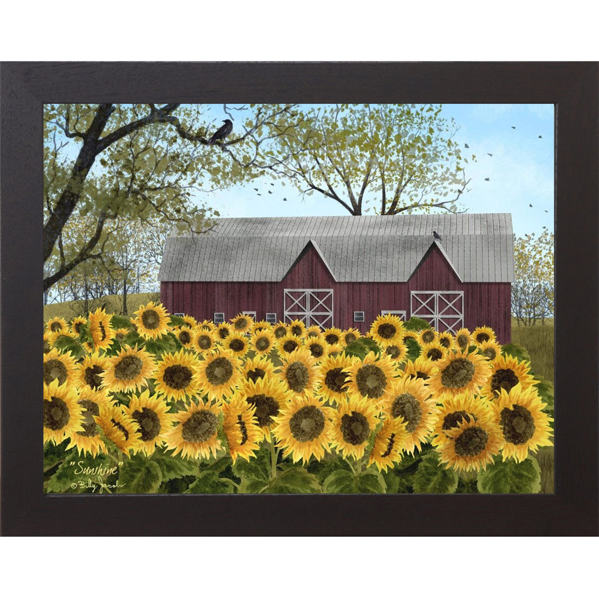 Black framed Billy Jacobs Sunshine wall art featuring a sweeping field of golden sunflowers in full bloom before a classic red barn with white cross doors bare tree branches with a crow and pale blue sky