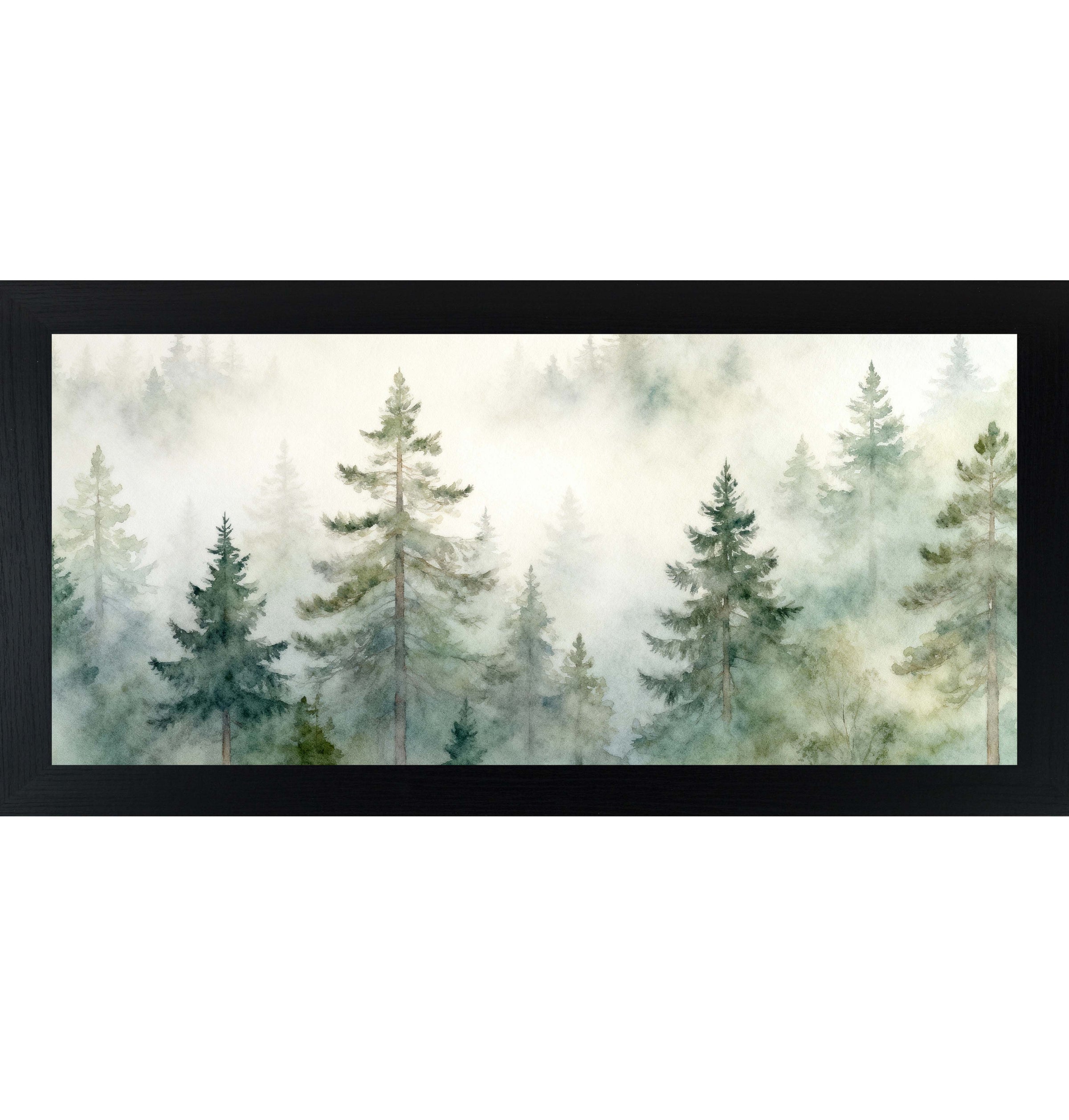 Misty Evergreen Forest – Wide Watercolor Pine Tree Framed Wall Art | Calm Nature Decor (SB725)