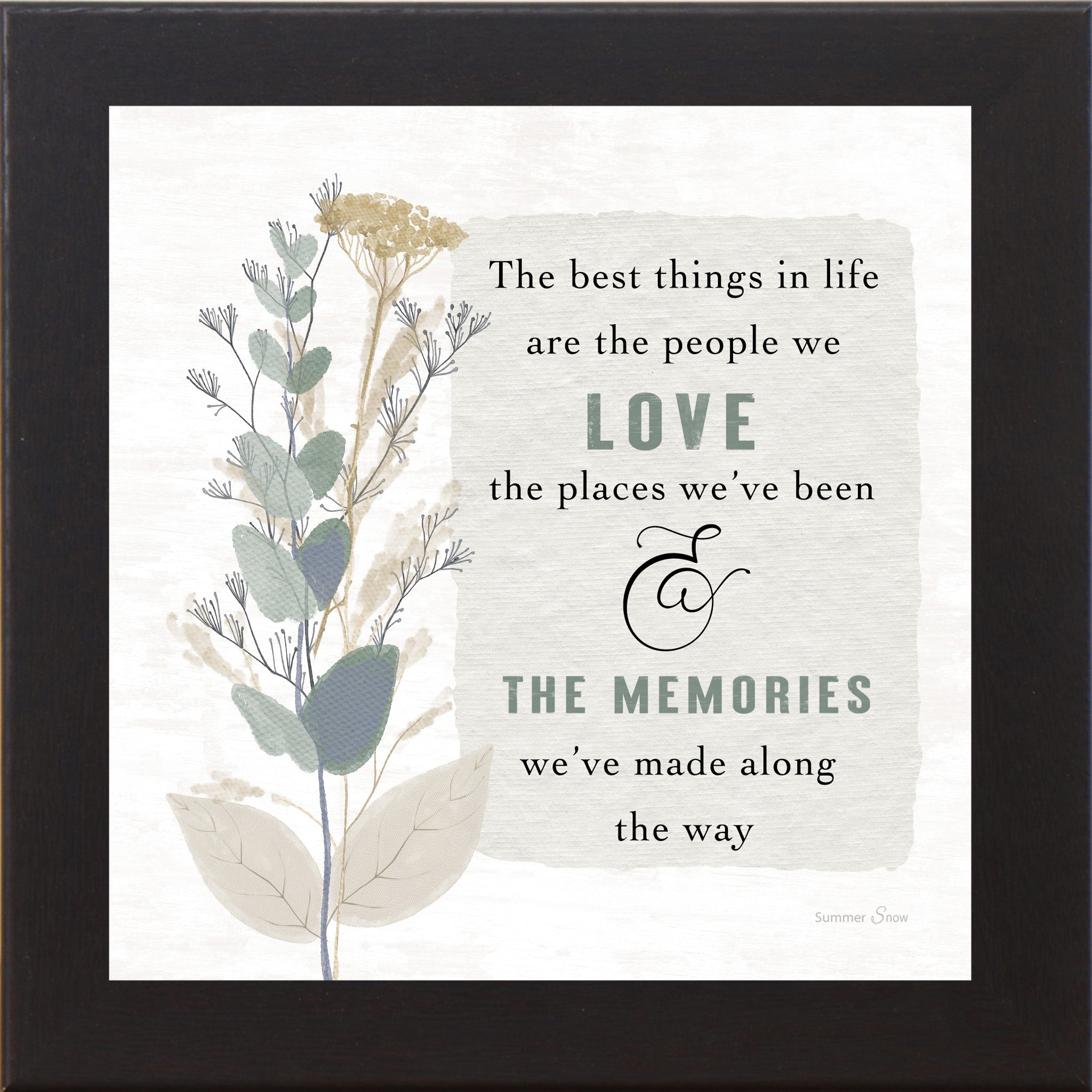 The Best Things in Life – Inspirational Framed Wall Art | Meaningful Quote with Teal & Green Florals (SA62)