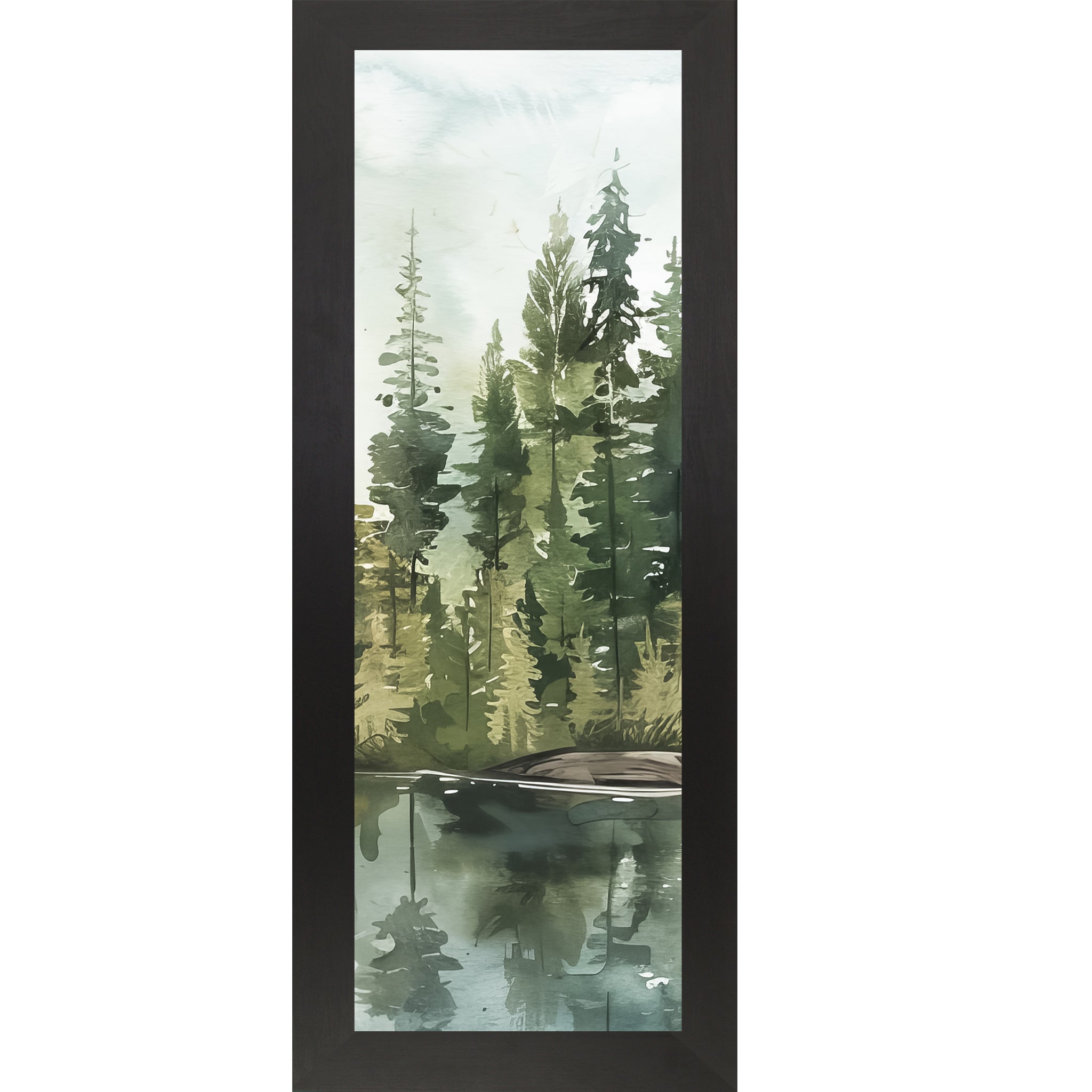 Misty Pine Lake Watercolor Wall Art – Vertical Forest Reflection Framed Art (SB901) - Summer Snow Art