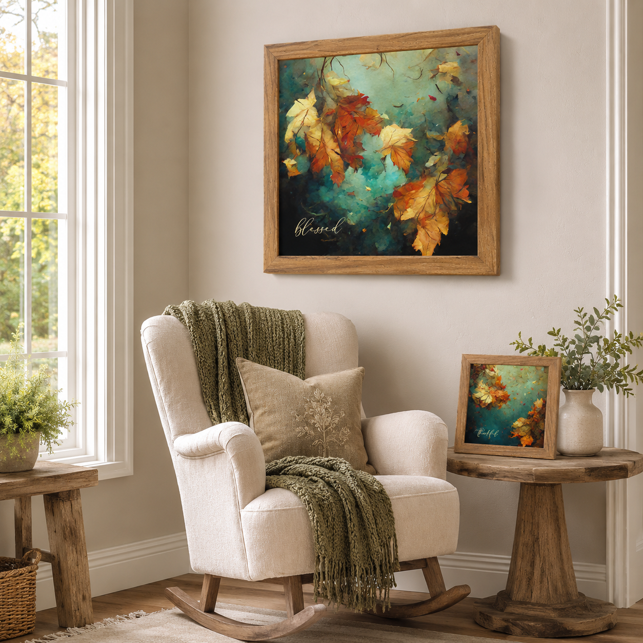 Farmhouse sitting room with Blessed fall wall art SB305 in a large farmtable frame on the wall and companion piece Thankful SB306 in a small farmtable frame on the side table — teal watercolor autumn leaves in amber and burnt orange
