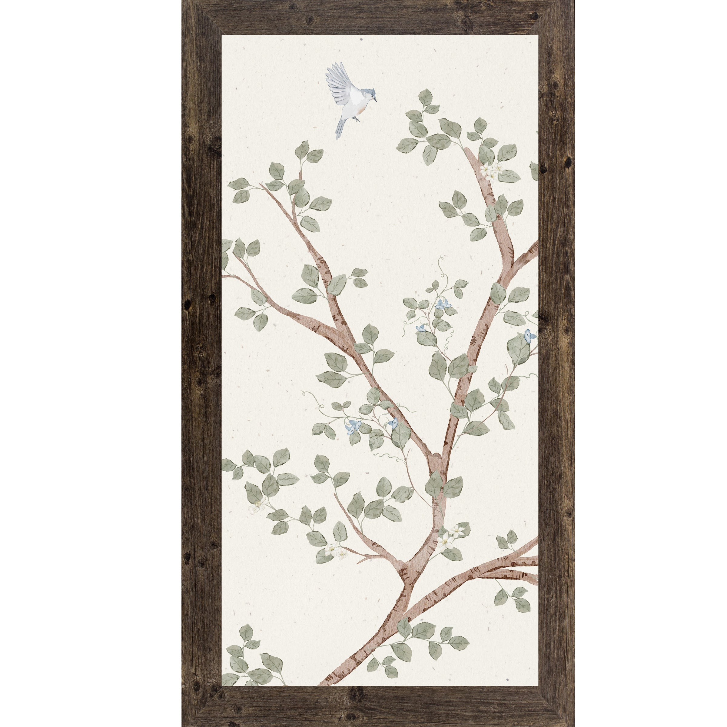 Soft watercolor bluebird perched on a flowering branch with muted green leaves on a neutral white background, vertical left-facing nature wall art.