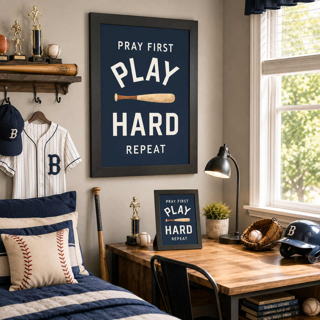 Black framed Pray First Play Hard Repeat baseball wall art SB258 in navy blue displayed large on boys baseball bedroom wall above desk with 8x10 easel back — baseball jersey Louisville Slugger bat trophies glove helmet baseball pillow and Baseball Legends book in room setting
