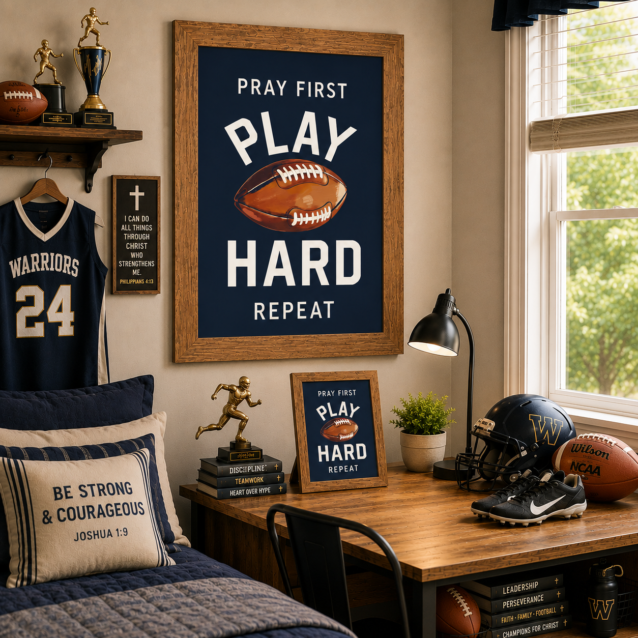 Farmtable framed Pray First Play Hard Repeat football wall art SB260 in navy blue displayed large on boys football bedroom wall above desk with 8x10 easel back — Warriors 24 jersey football helmet cleats Wilson NCAA ball Be Strong and Courageous pillow I Can Do All Things Through Christ sign Faith Family Football books on shelf