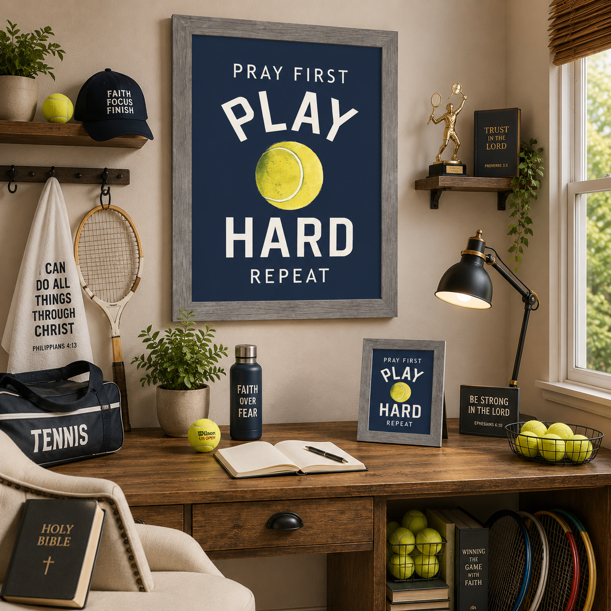 Gray framed Pray First Play Hard Repeat tennis wall art SB263 in navy blue displayed large on tennis home office wall above desk with 8x10 easel back — vintage wooden racket Faith Focus Finish hat Wilson US Open ball I Can Do All Things Through Christ towel Faith Over Fear water bottle Trust in the Lord book Holy Bible and Winning the Game With Faith book on shelf