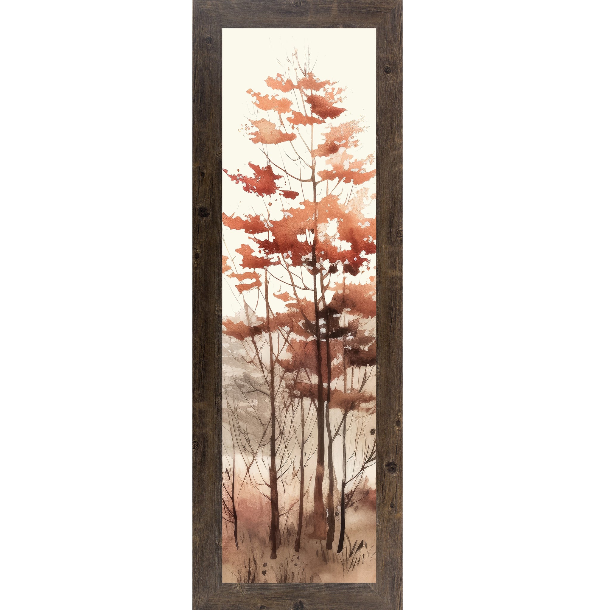 Natural Brown framed narrow portrait fall wall art featuring a cluster of tall autumn trees with russet and burnt orange foliage and bare branches in layered misty watercolor style