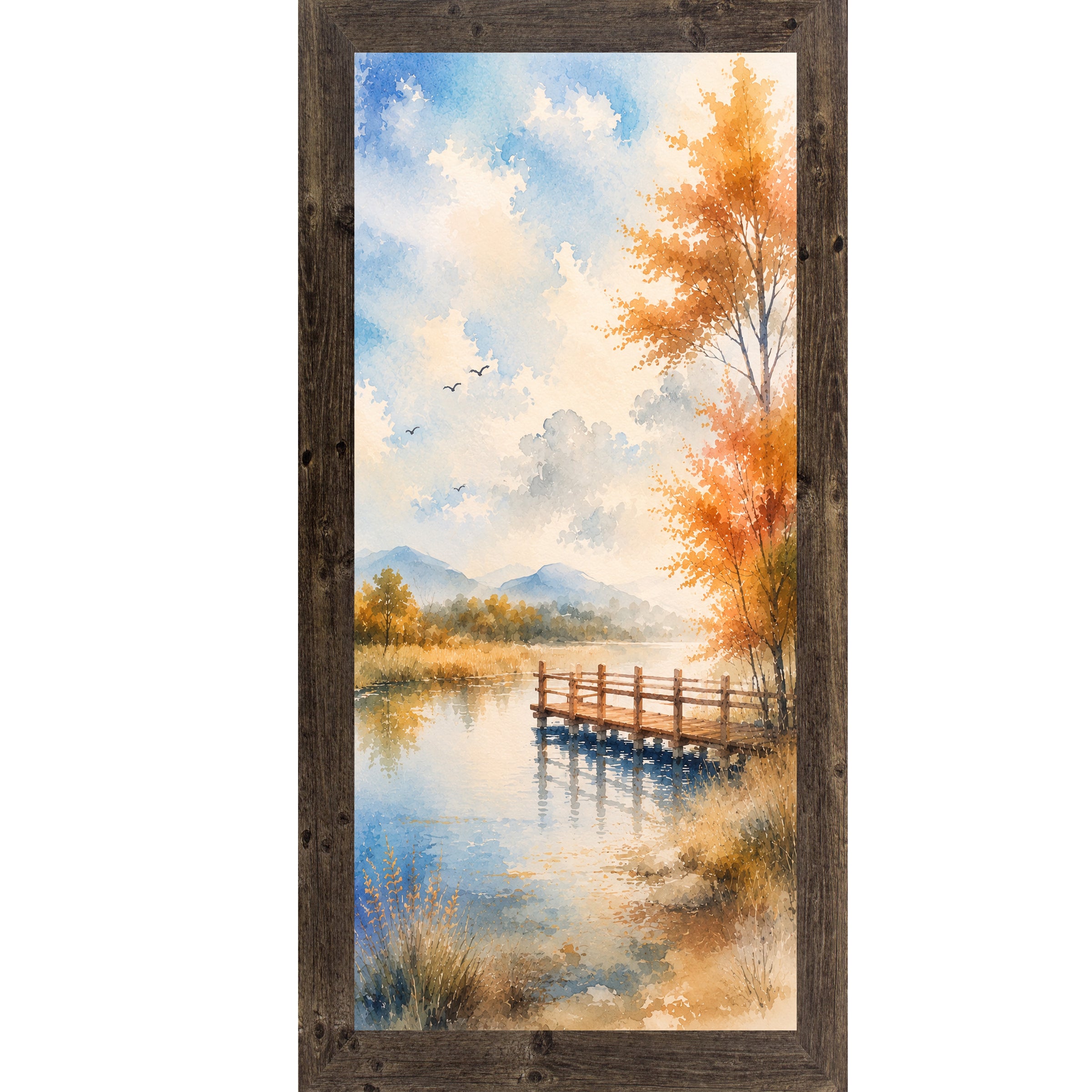 Natural Brown framed tall portrait scenic wall art featuring a watercolor autumn pier over still lake water with golden autumn tree birds in sky and misty mountains