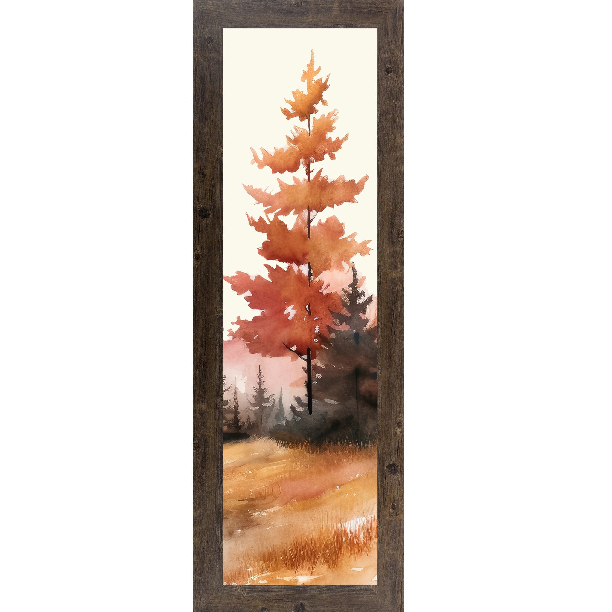 Natural Brown framed narrow portrait fall wall art featuring a single bold pine tree in deep autumn orange and crimson watercolor style with dark misty forest and golden field