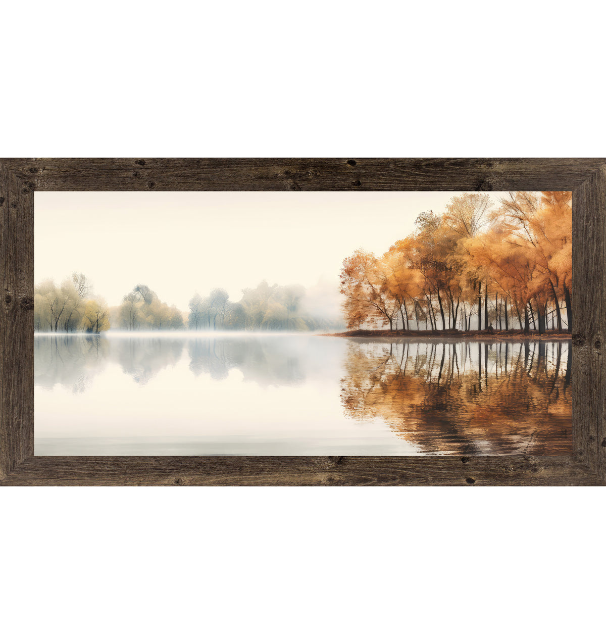 Natural Brown framed wide landscape fall wall art featuring a misty autumn lake with amber and copper trees reflecting perfectly in still glassy water — Autumn's Mirror NS620