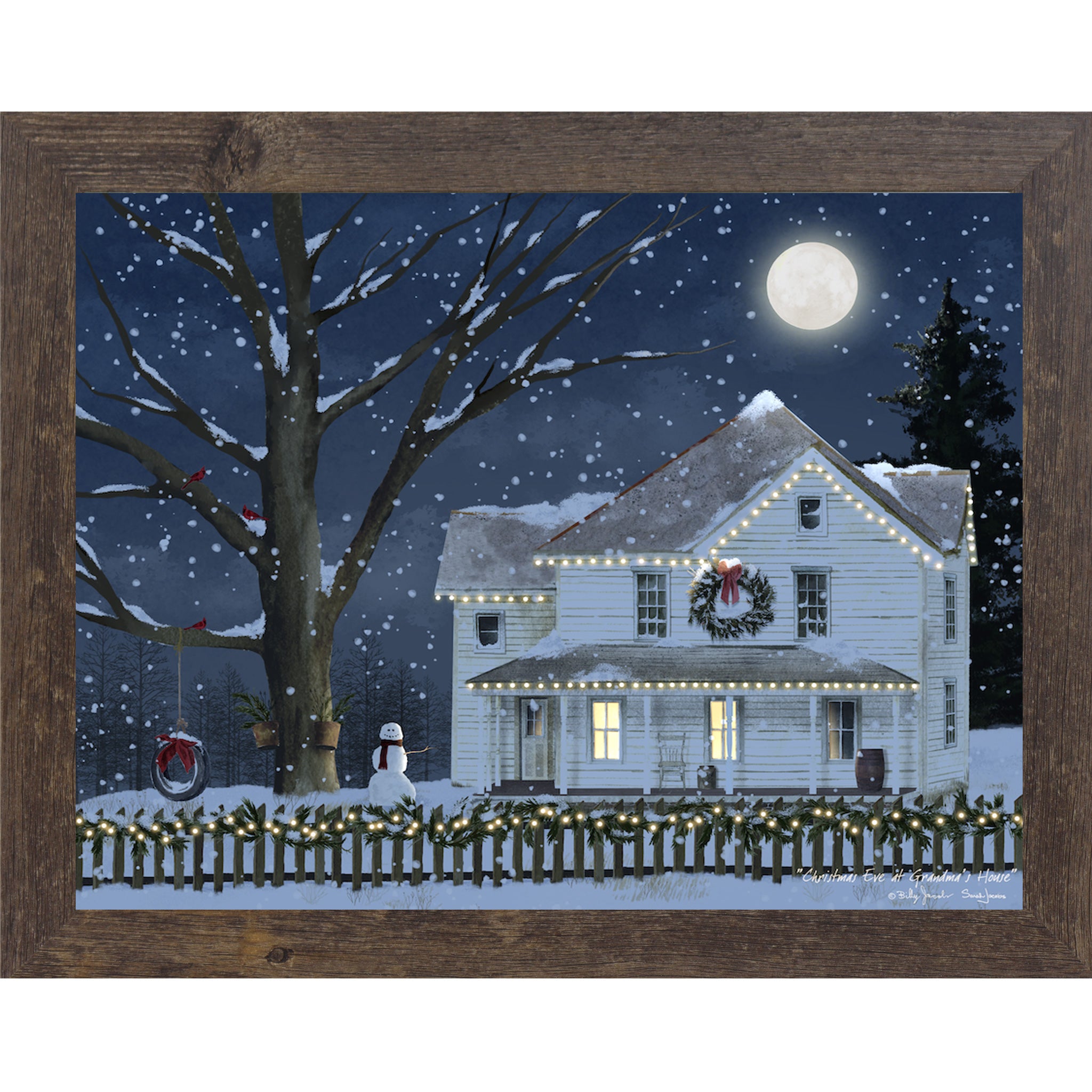 Natural brown framed Billy Jacobs Christmas Eve at Grandma's House wall art featuring a glowing white farmhouse with string lights wreath and snowman under a full moon in a midnight blue snowy sky with cardinals in a bare tre