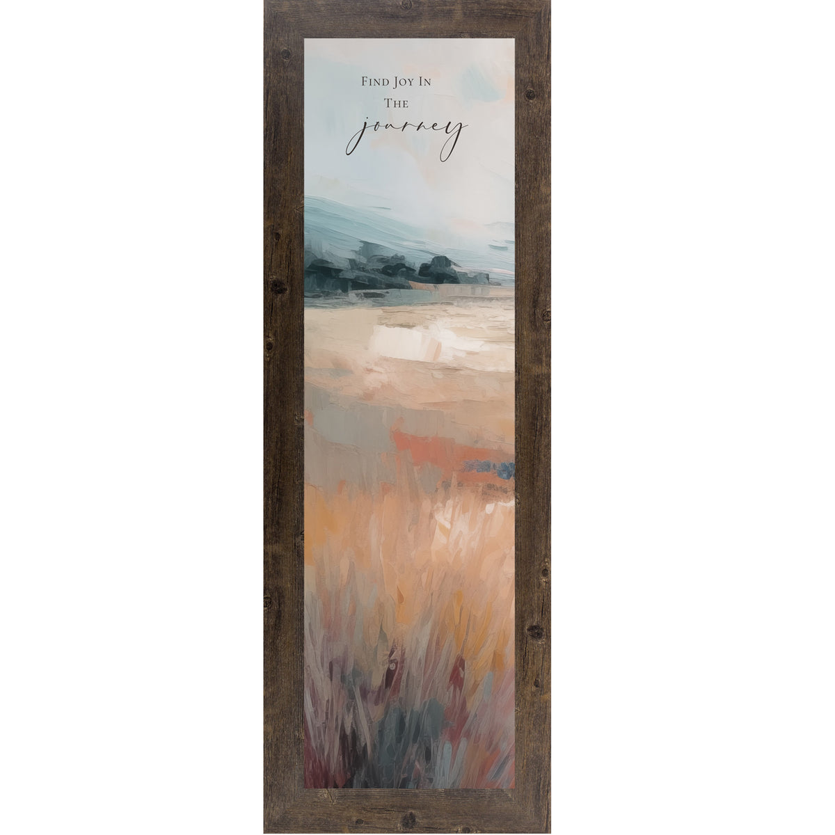 Natural Brown framed narrow portrait inspirational wall art with Find Joy In The Journey quote over a terracotta abstract landscape with soft blue-grey sky and warm amber field with burgundy foreground grasses