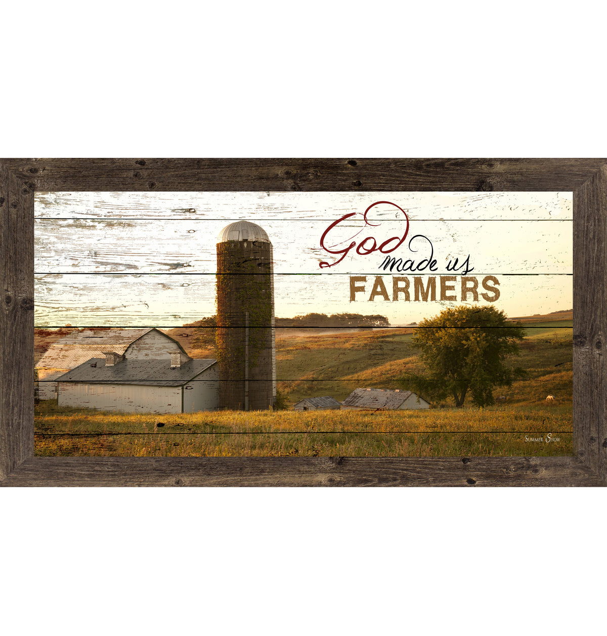 Natural Brown framed wide panoramic farmhouse wall art featuring a white barn and silo on rolling golden hills with pallet wood background and the words God Made Us Farmers