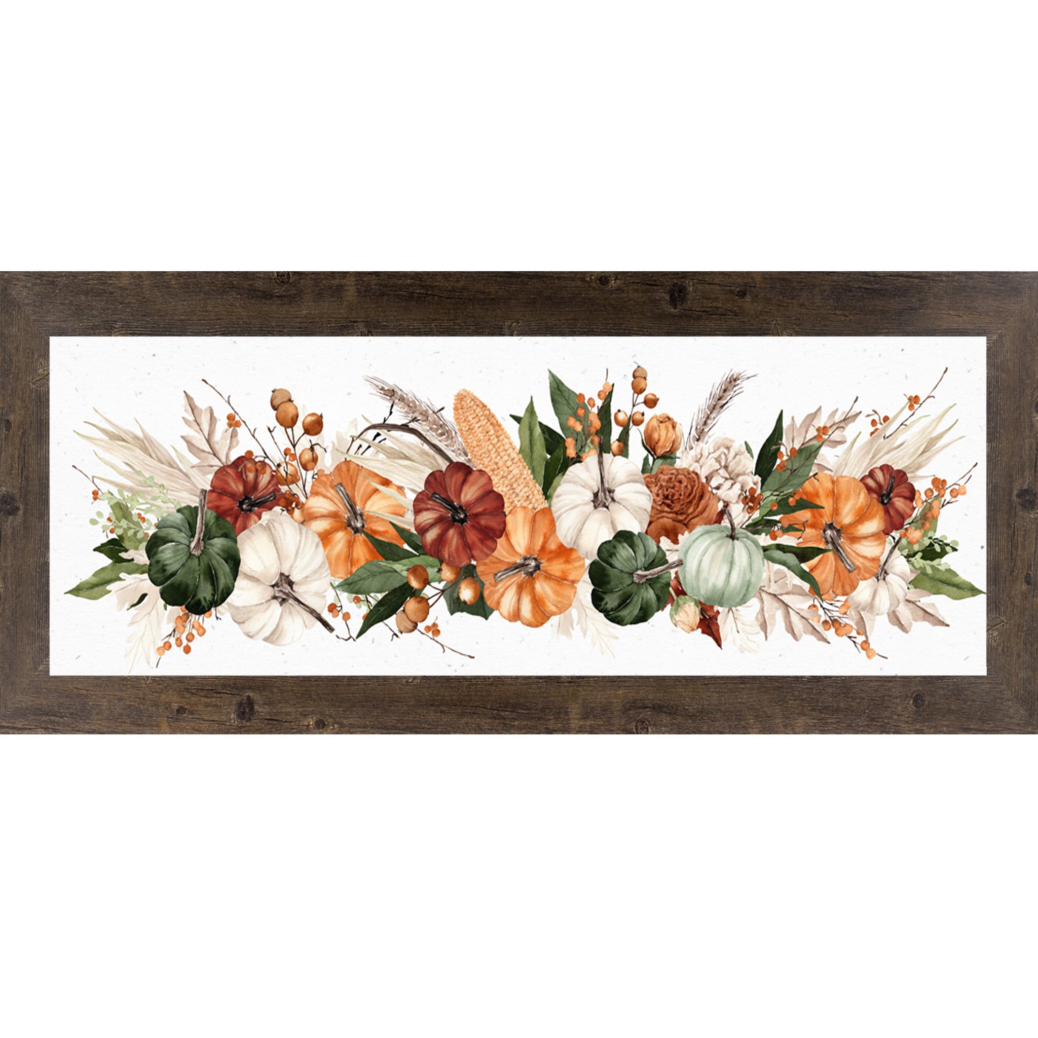 Natural brown framed wide landscape harvest wall art featuring panoramic watercolor autumn pumpkins corn wheat berries and dried florals — Harvest Wide Landscape SB949
