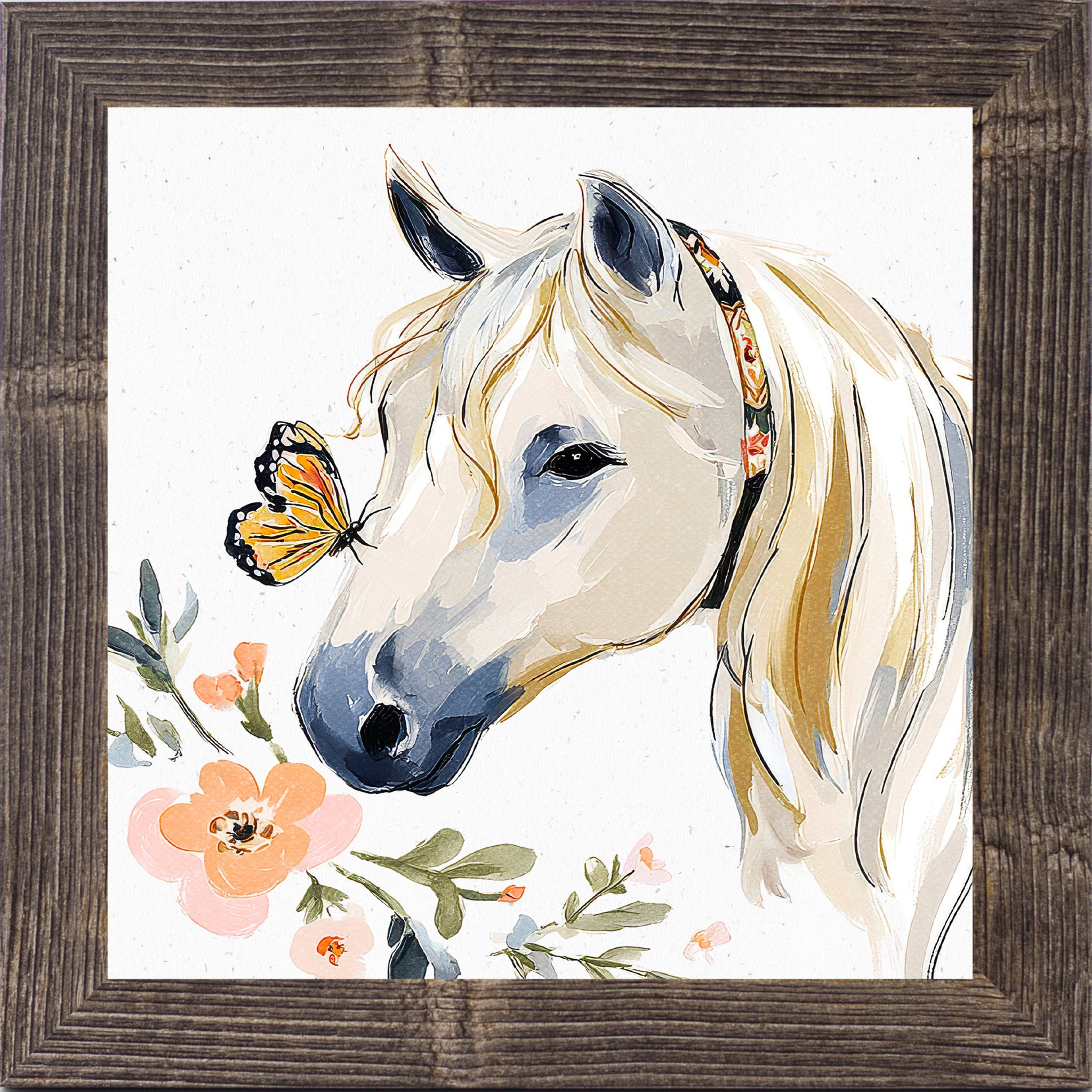 Natural brown framed square watercolor horse wall art featuring a white horse with a monarch butterfly on its nose surrounded by peach florals and a boho floral headstall on a white background