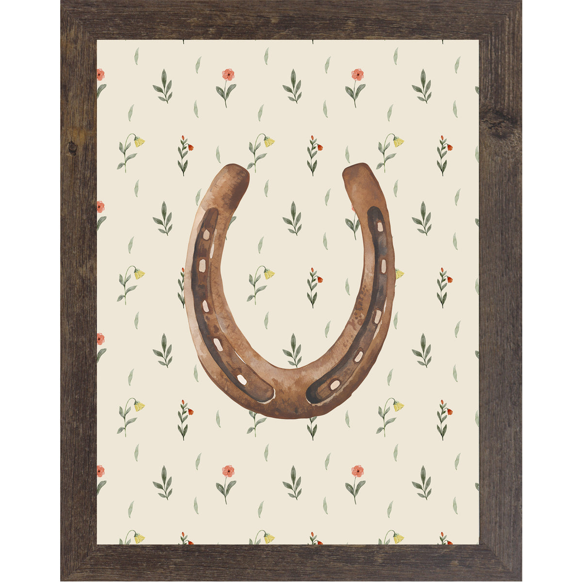 Natural brown framed portrait horseshoe wall art with warm brown watercolor horseshoe open end up on soft cream scattered wildflower floral background — western cowgirl good luck decor