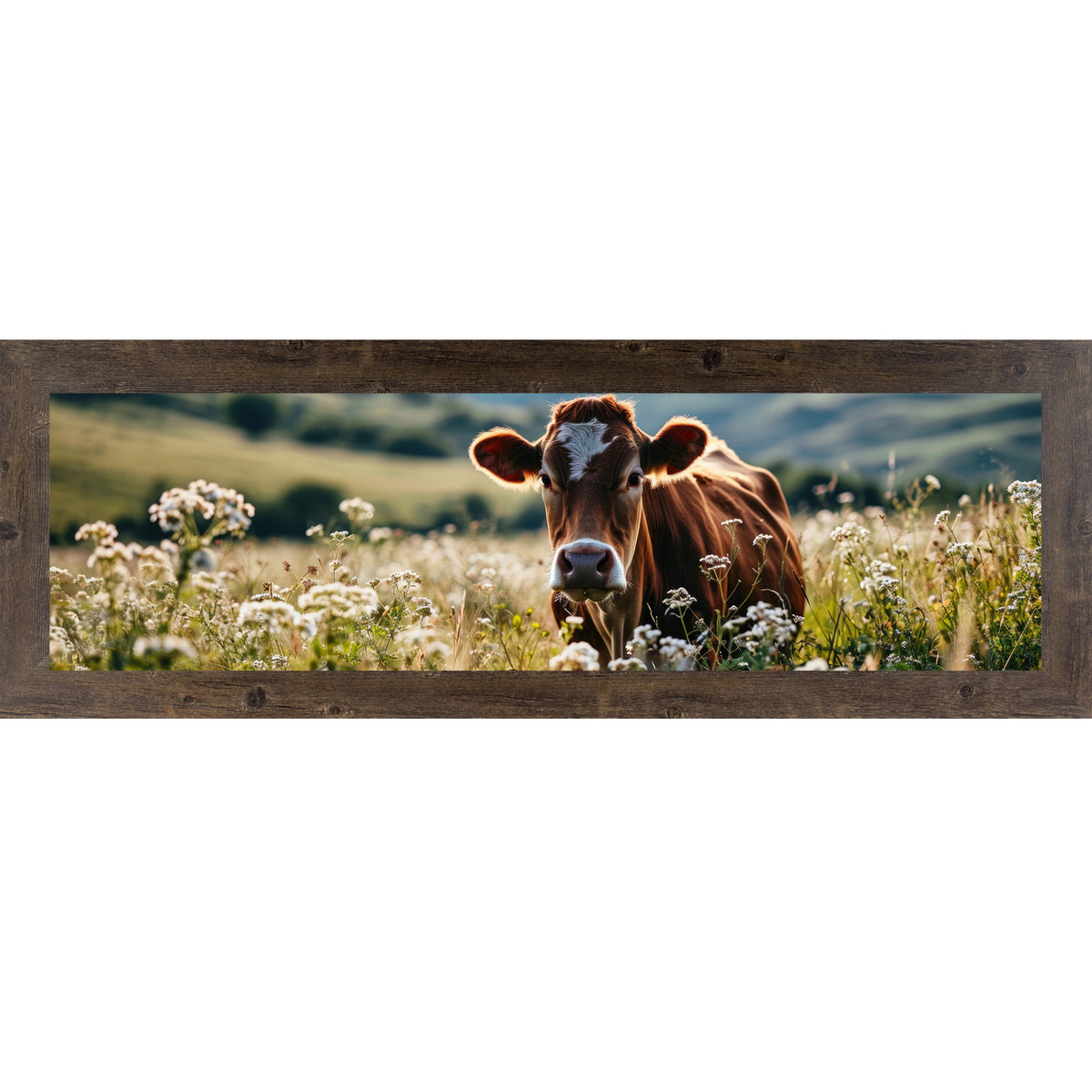 Natural Brown framed wide panoramic farmhouse wall art featuring a Jersey cow surrounded by white wildflowers in a sunny meadow with rolling green hills in the background