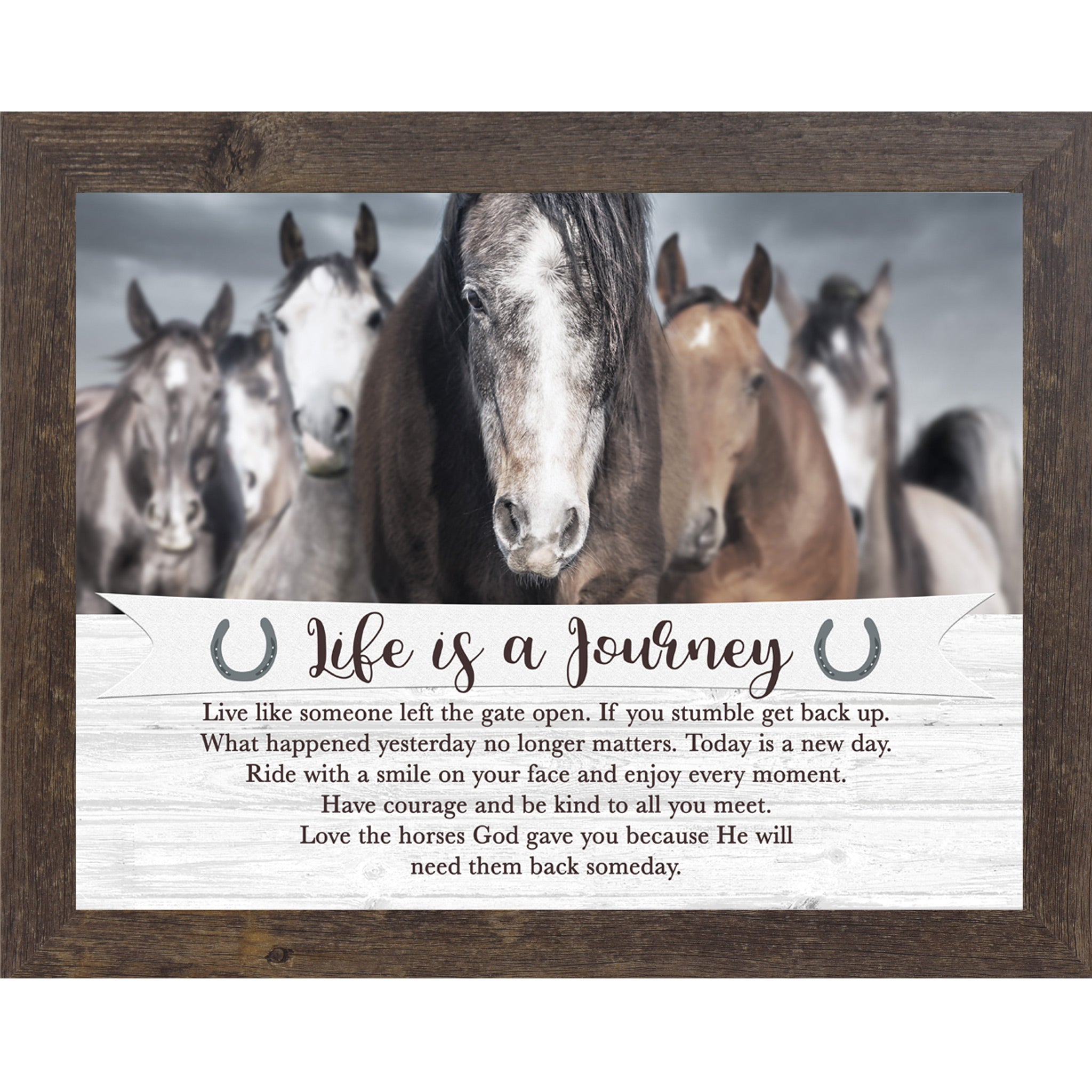 Natural Brown framed horizontal equestrian wall art featuring a herd of horses under a dramatic stormy sky with a pallet wood banner reading Life is a Journey inspirational quote