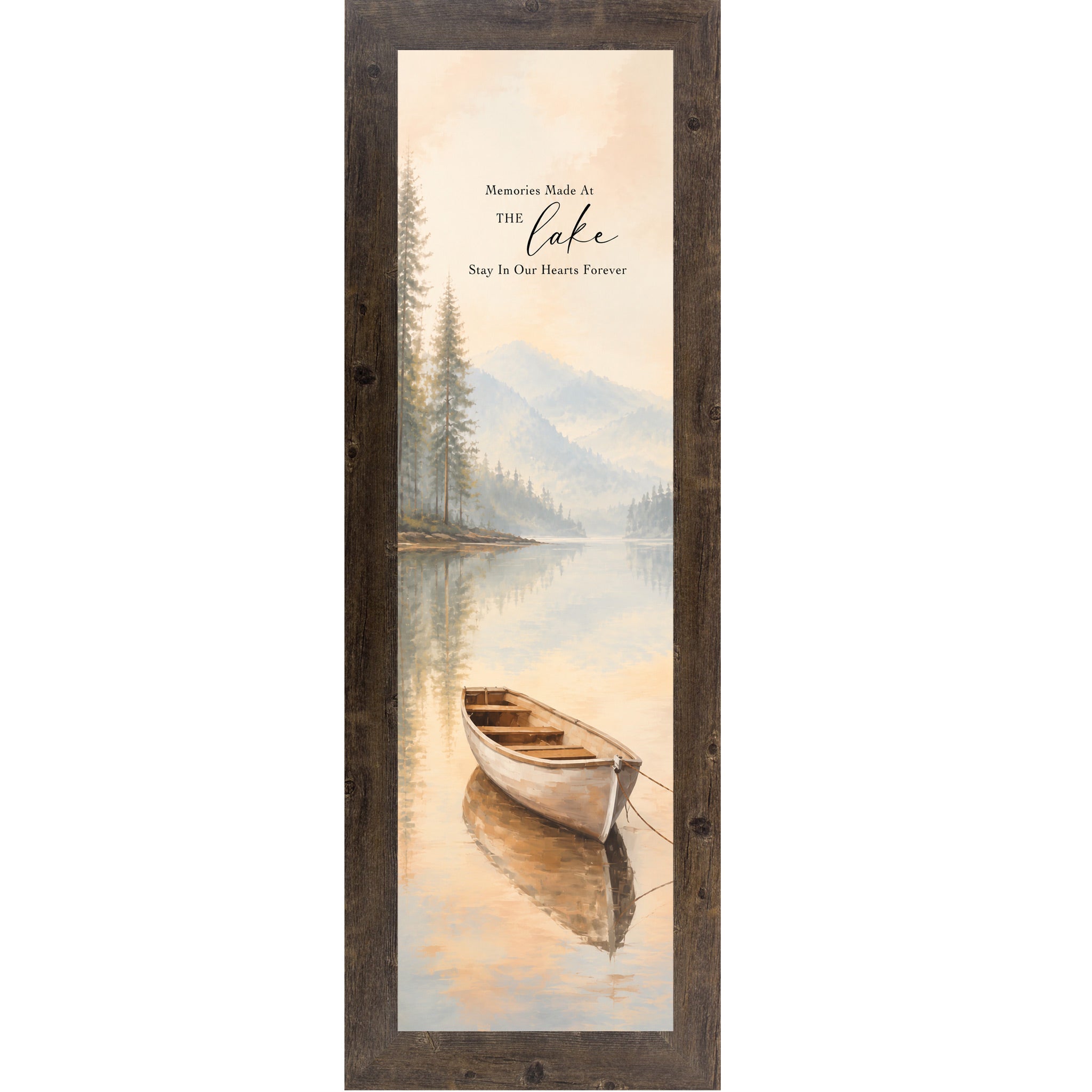 Natural Brown framed narrow portrait lake house wall art featuring a watercolor rowboat on misty reflective water with pine trees and mountain backdrop with the words Memories Made At The Lake Stay In Our Hearts Forever