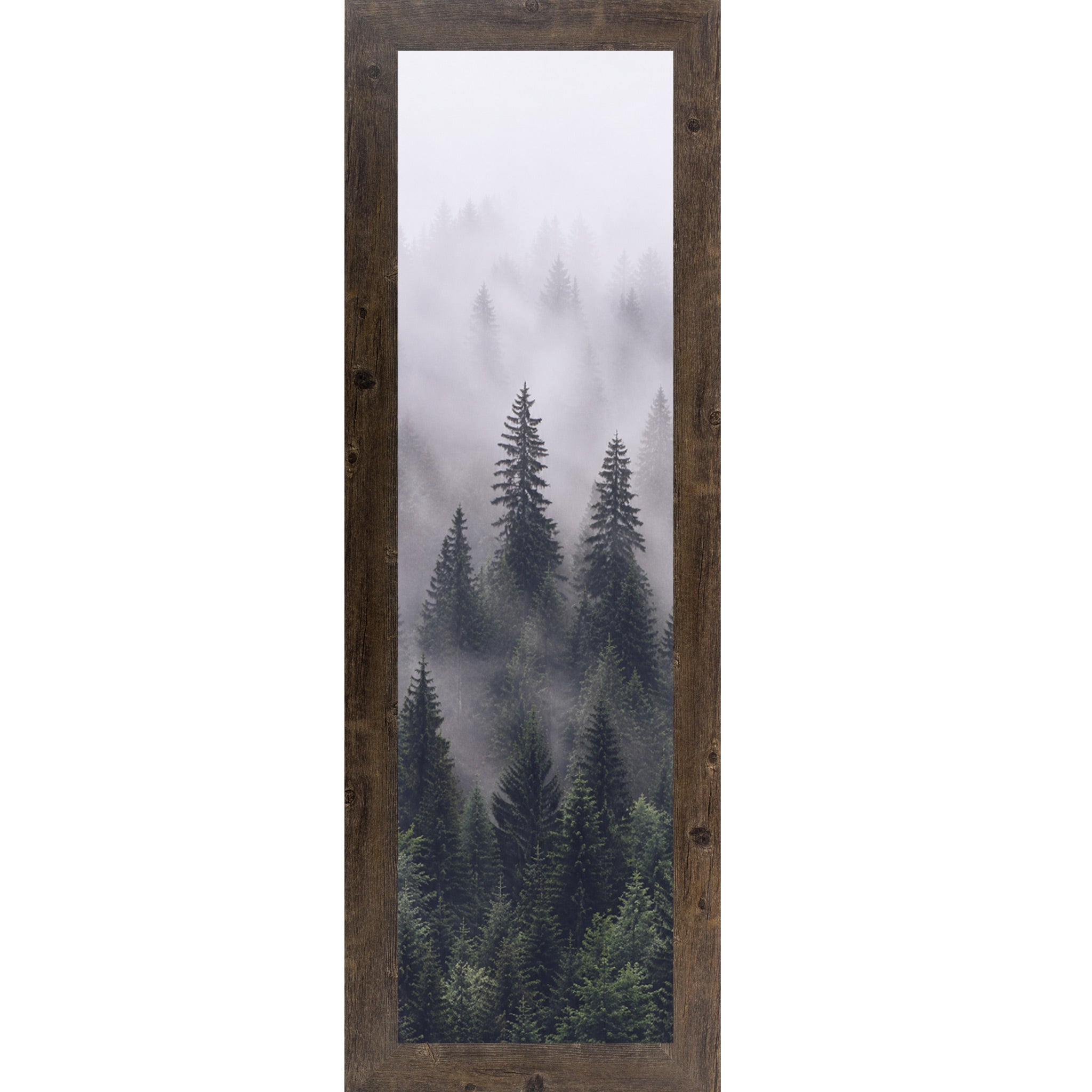 Natural Brown framed narrow portrait nature wall art featuring two sentinel pine trees rising through rolling mountain fog with dense green canopy below fading into pale misty white above