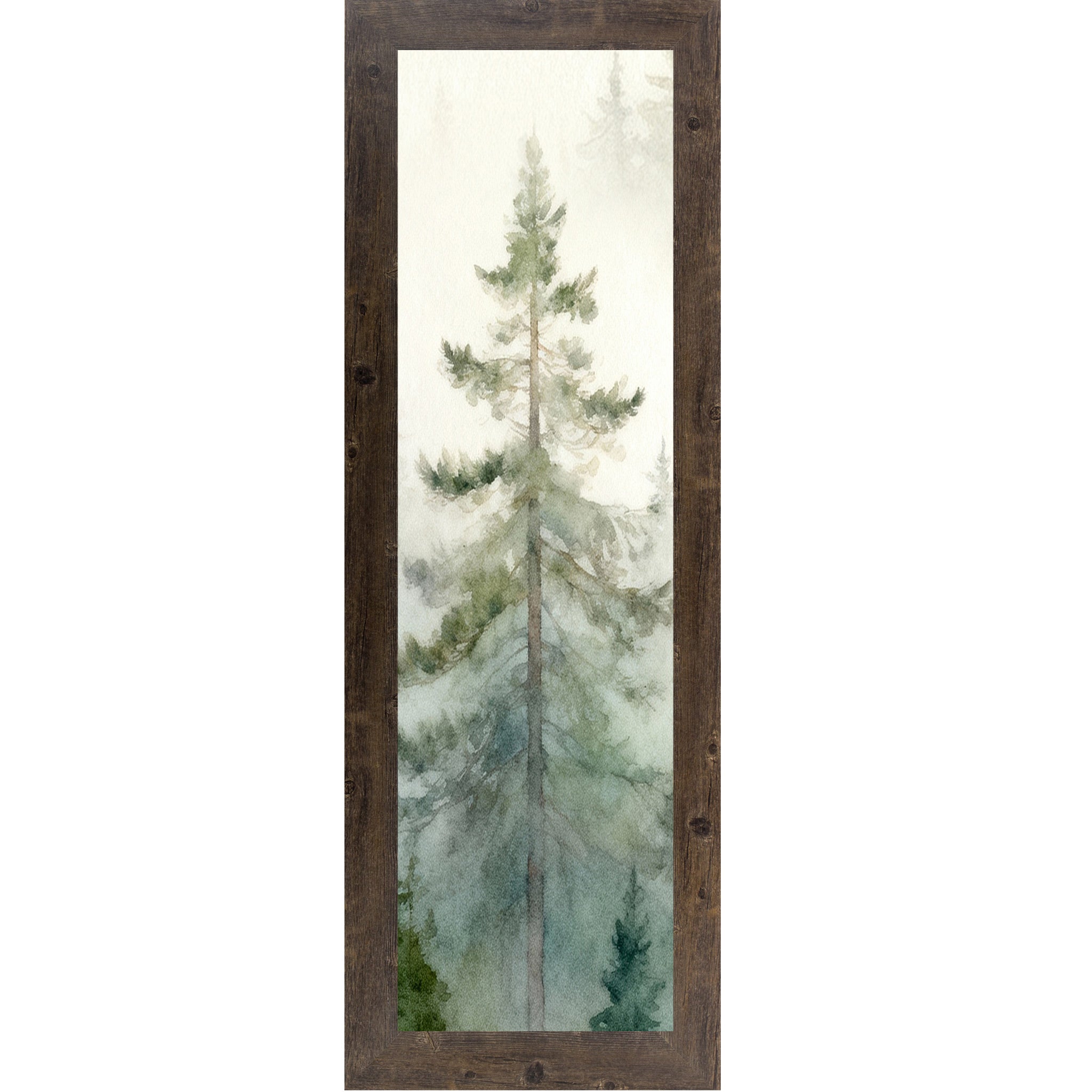 Natural Brown framed narrow portrait watercolor pine forest wall art with single tall evergreen rising through soft morning mist against a sage green and cream misty forest background