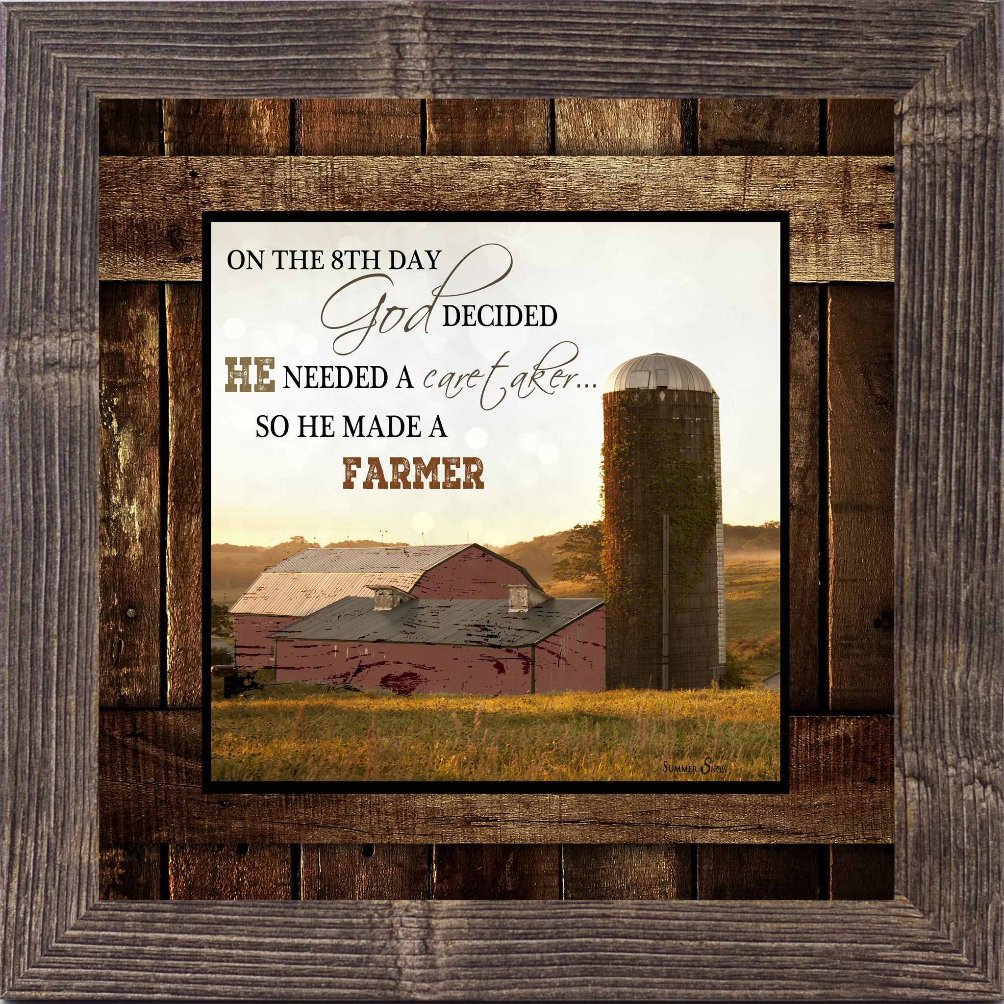 Natural Brown framed square farmhouse wall art with On The 8th Day God Made A Farmer quote over red barn and ivy silo at golden sunrise on rustic barn wood background