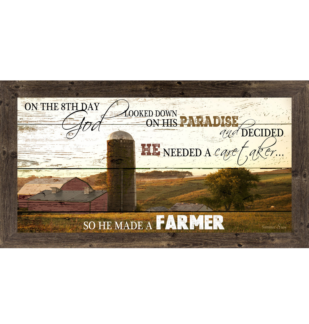 Natural Brown framed wide panoramic farmhouse wall art featuring a red barn and silo on pallet wood background with the full quote On The 8th Day God Looked Down On His Paradise And Decided He Needed A Caretaker So He Made A Farmer