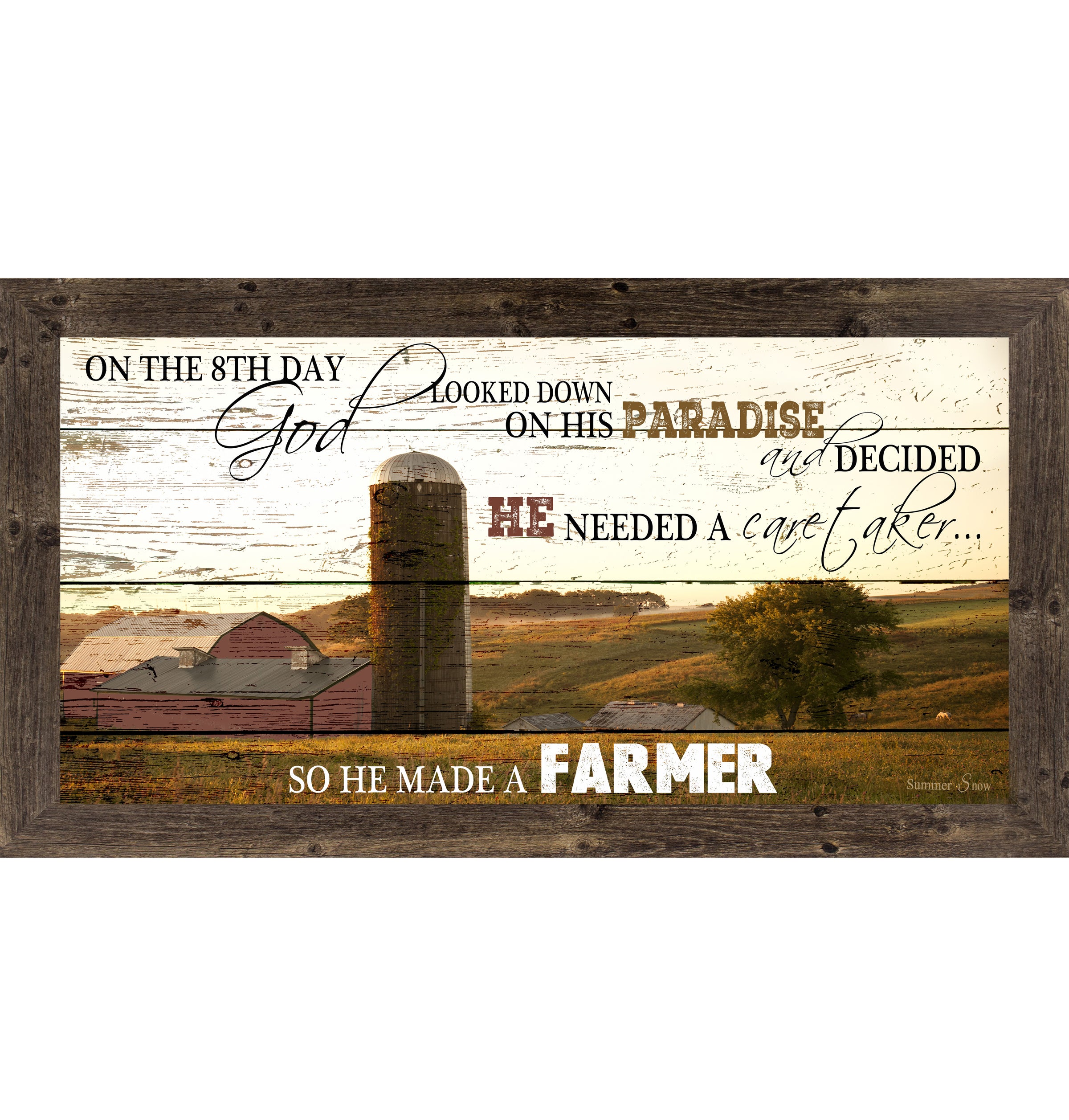 Natural Brown framed wide panoramic farmhouse wall art featuring a red barn and silo on pallet wood background with the full quote On The 8th Day God Looked Down On His Paradise And Decided He Needed A Caretaker So He Made A Farmer