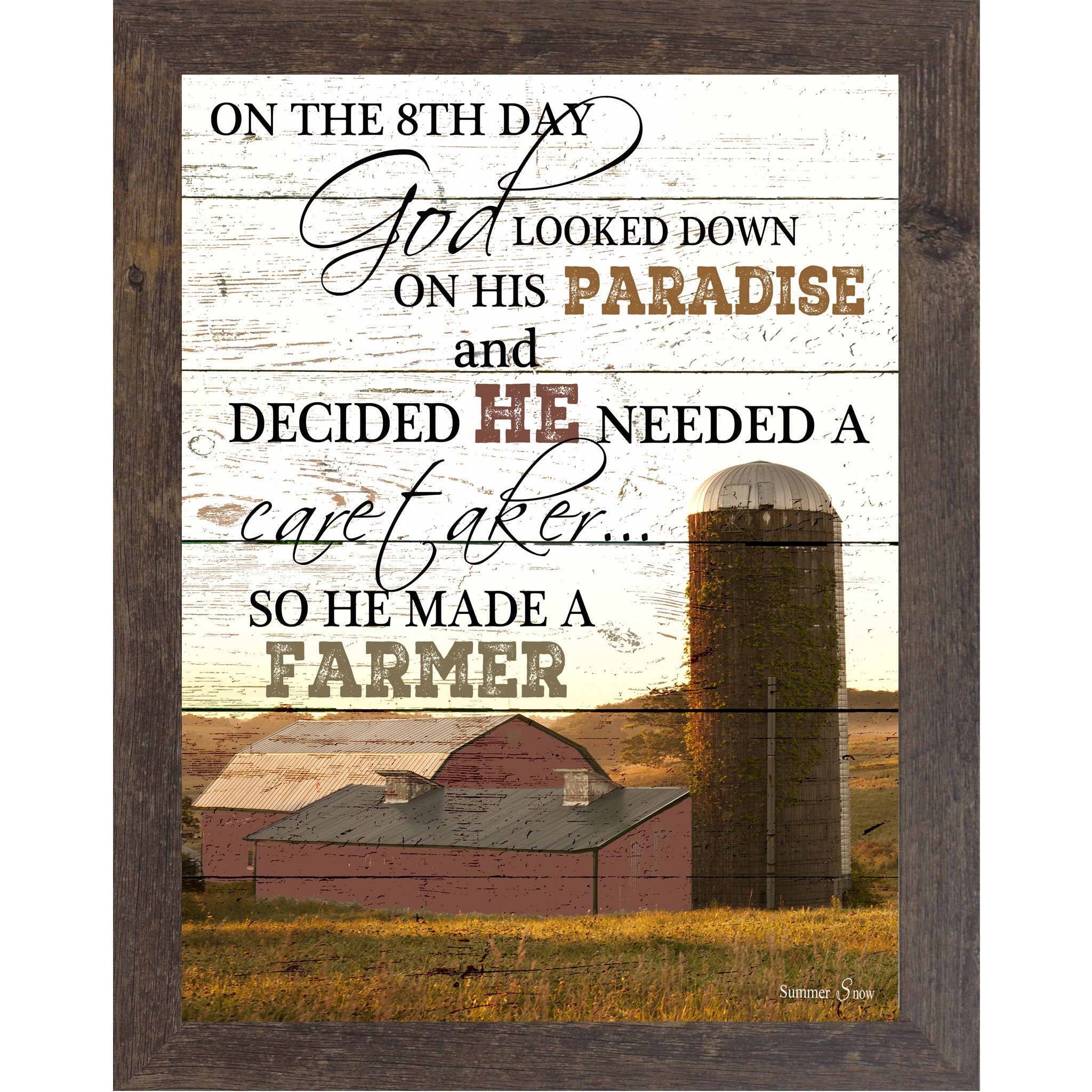 Natural Brown framed portrait farmhouse wall art with full On The 8th Day God Made A Farmer quote in bold mixed typography over red barn and ivy silo photograph on rustic pallet wood background