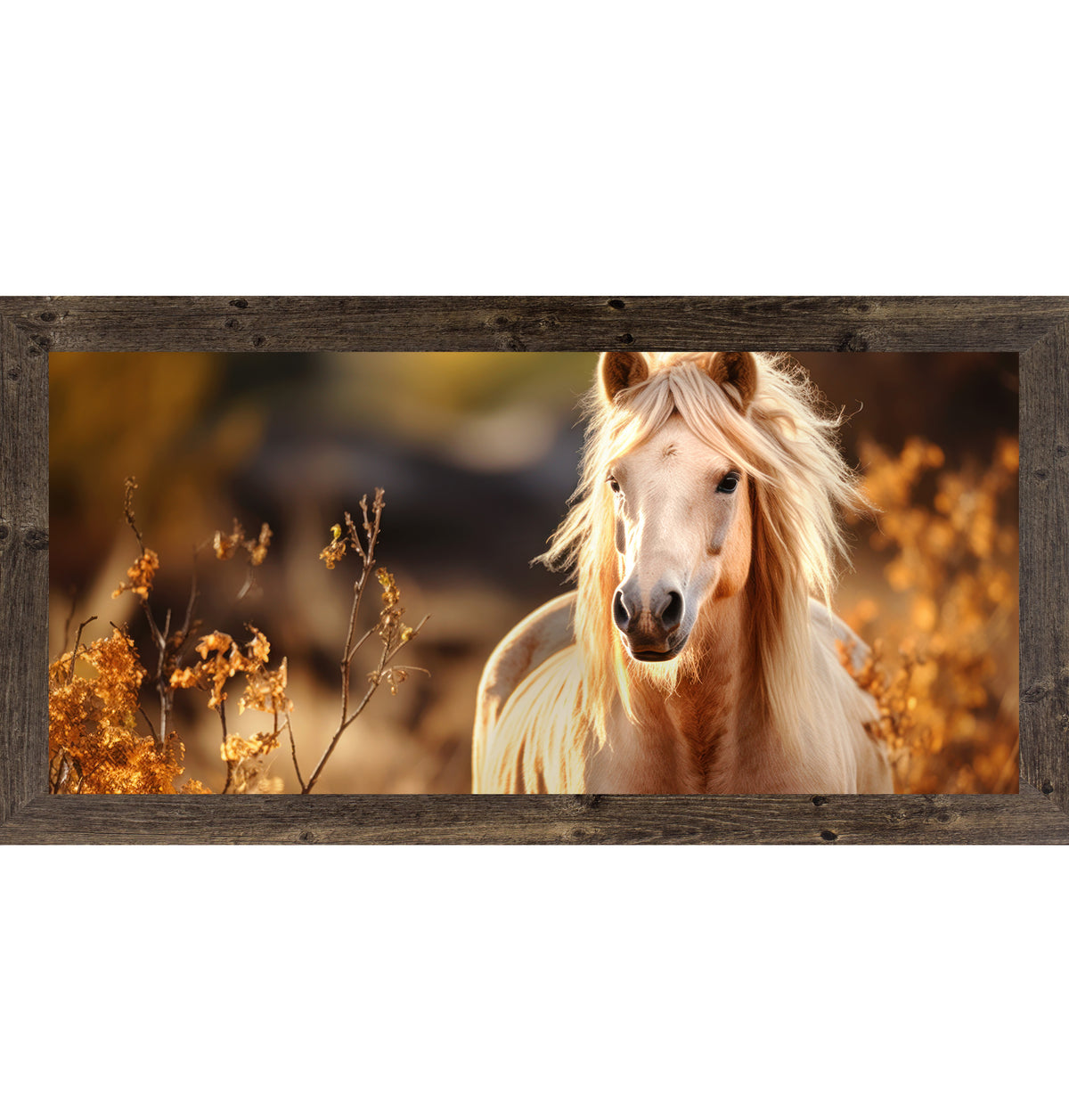 Natural brown framed wide landscape palomino horse wall art featuring a glowing golden palomino with flowing mane surrounded by warm amber autumn foliage against a dark bokeh background