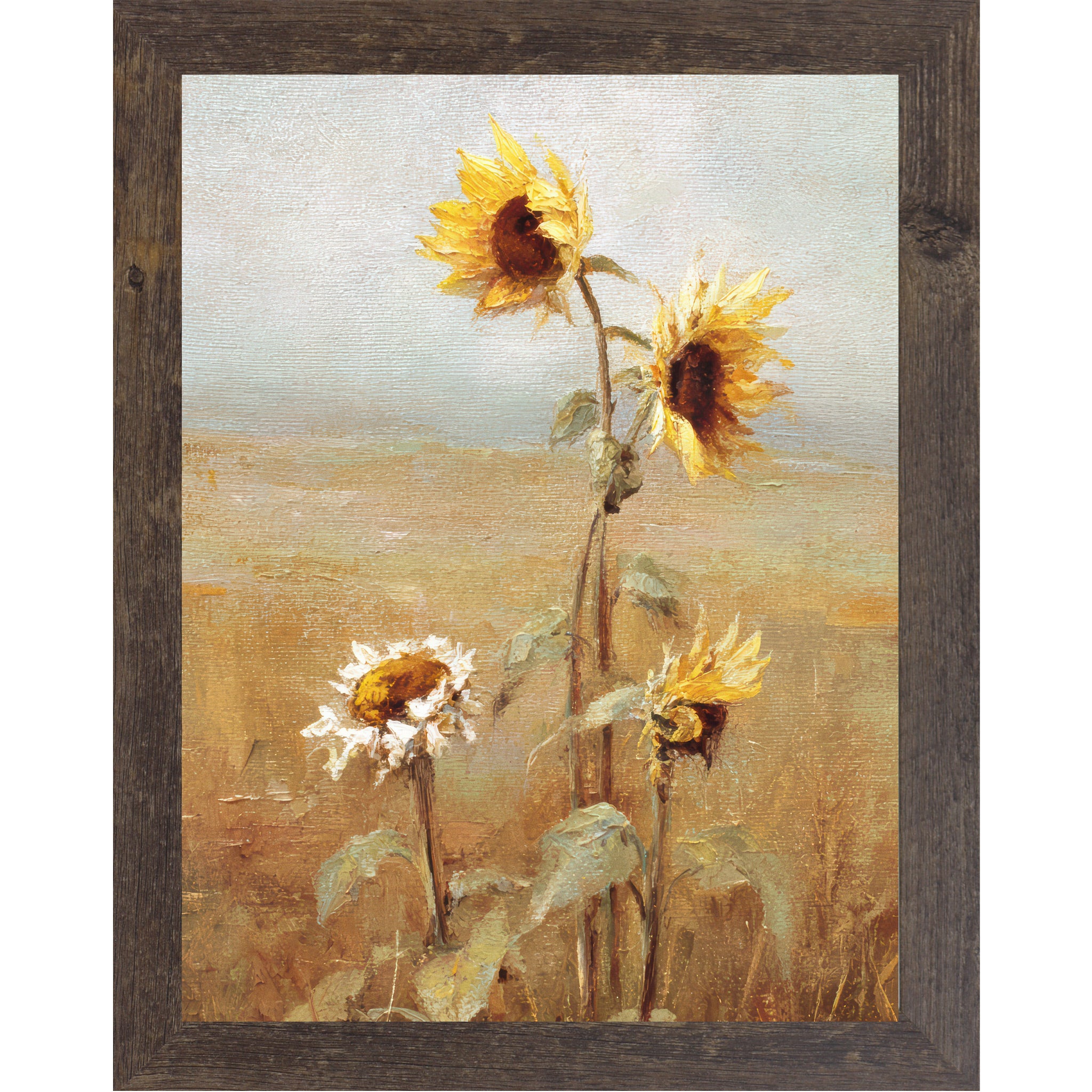 Natural Brown framed vertical farmhouse wall art featuring four sunflowers in expressive oil painting style with thick brushstrokes against a soft blue-gray sky and golden wheat field