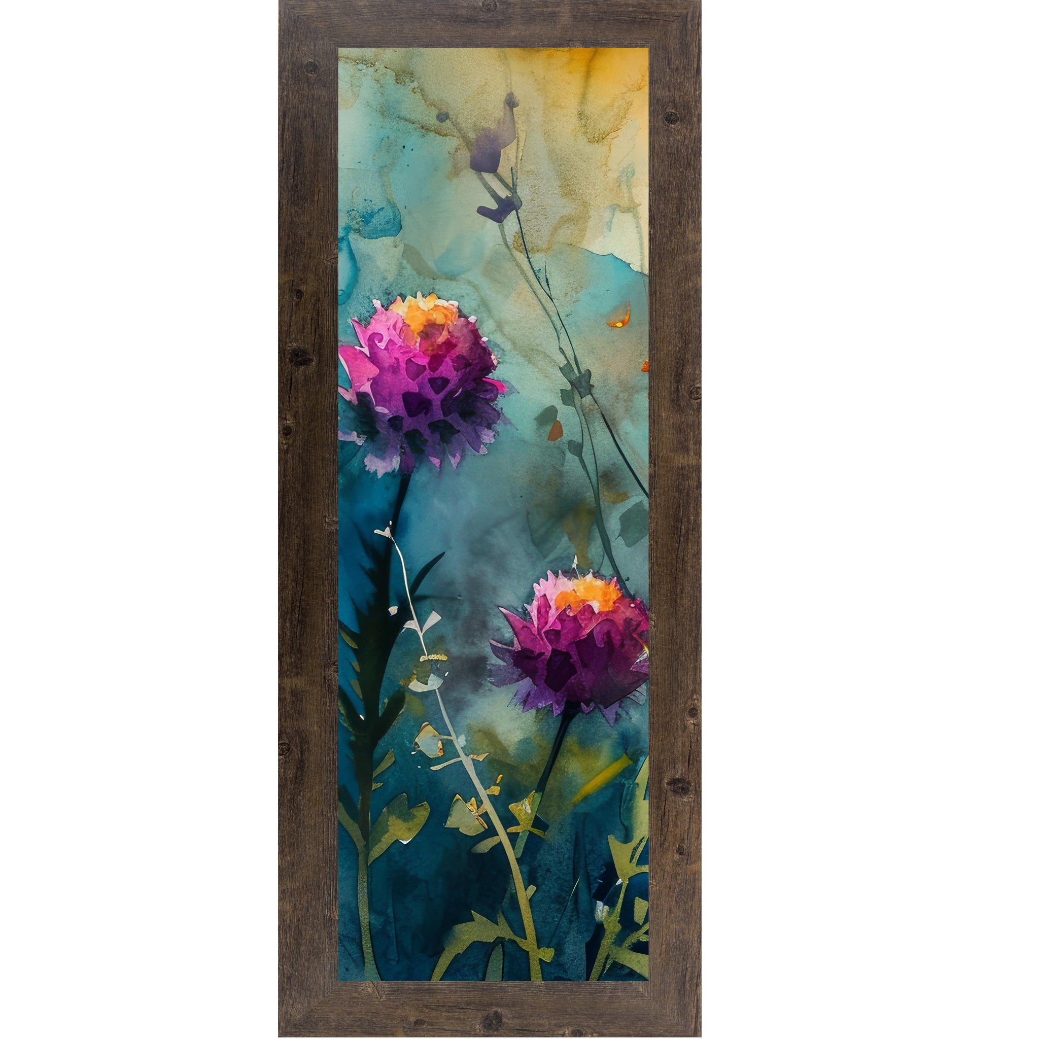 Natural brown framed narrow portrait watercolor wildflower wall art with two bold purple-magenta blooms against a deep teal and gold background