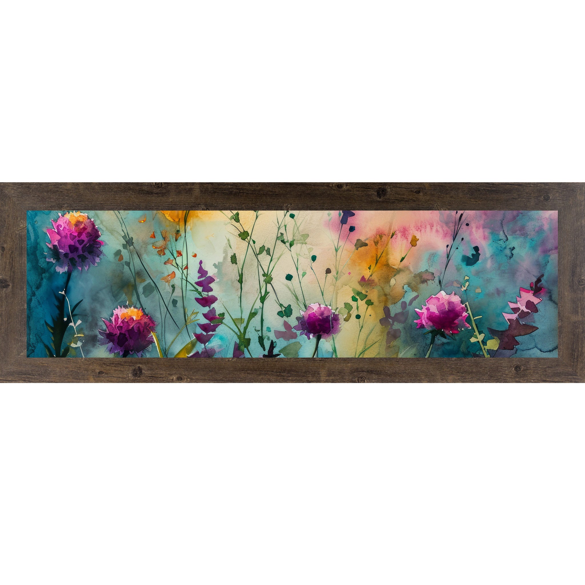 Natural brown framed wide landscape watercolor wildflower wall art with purple and magenta blooms across a sweeping teal gold and pink meadow background