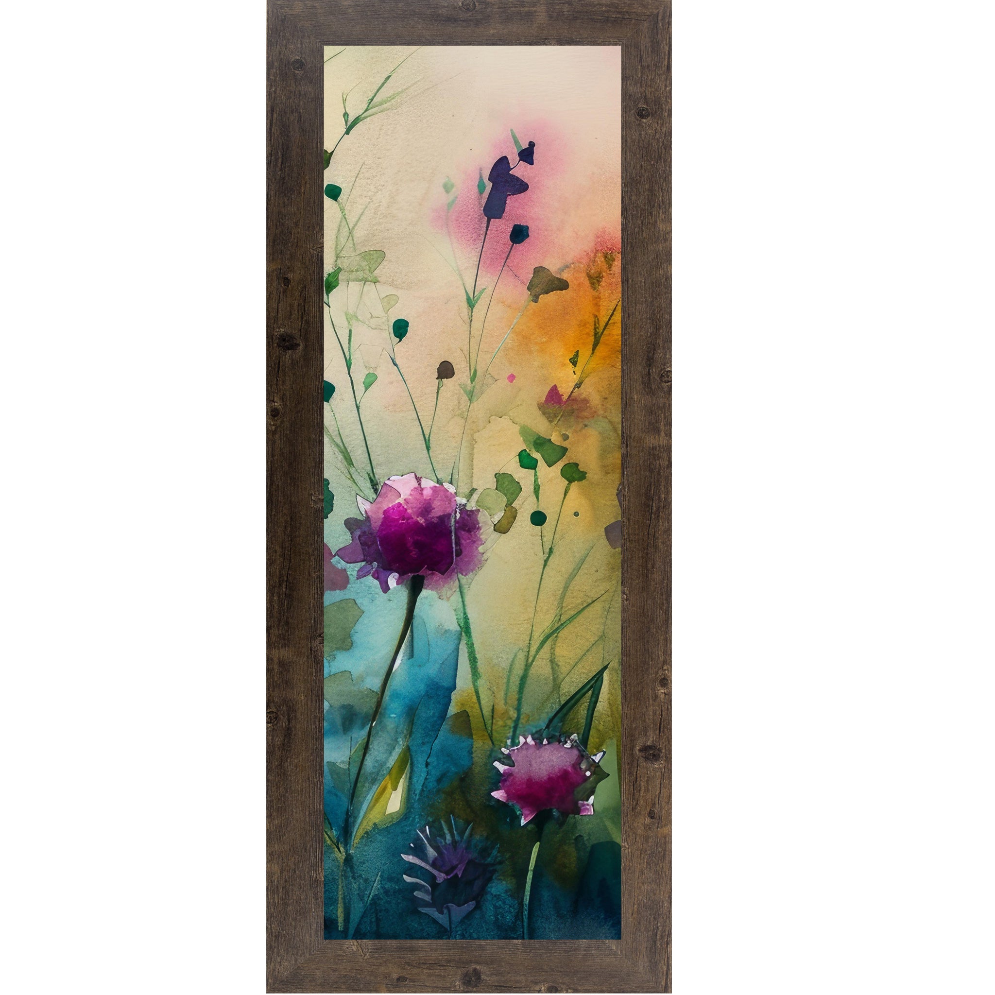 Natural brown framed narrow portrait watercolor wildflower wall art with magenta peonies rising from a teal garden base against a warm peach and pink background