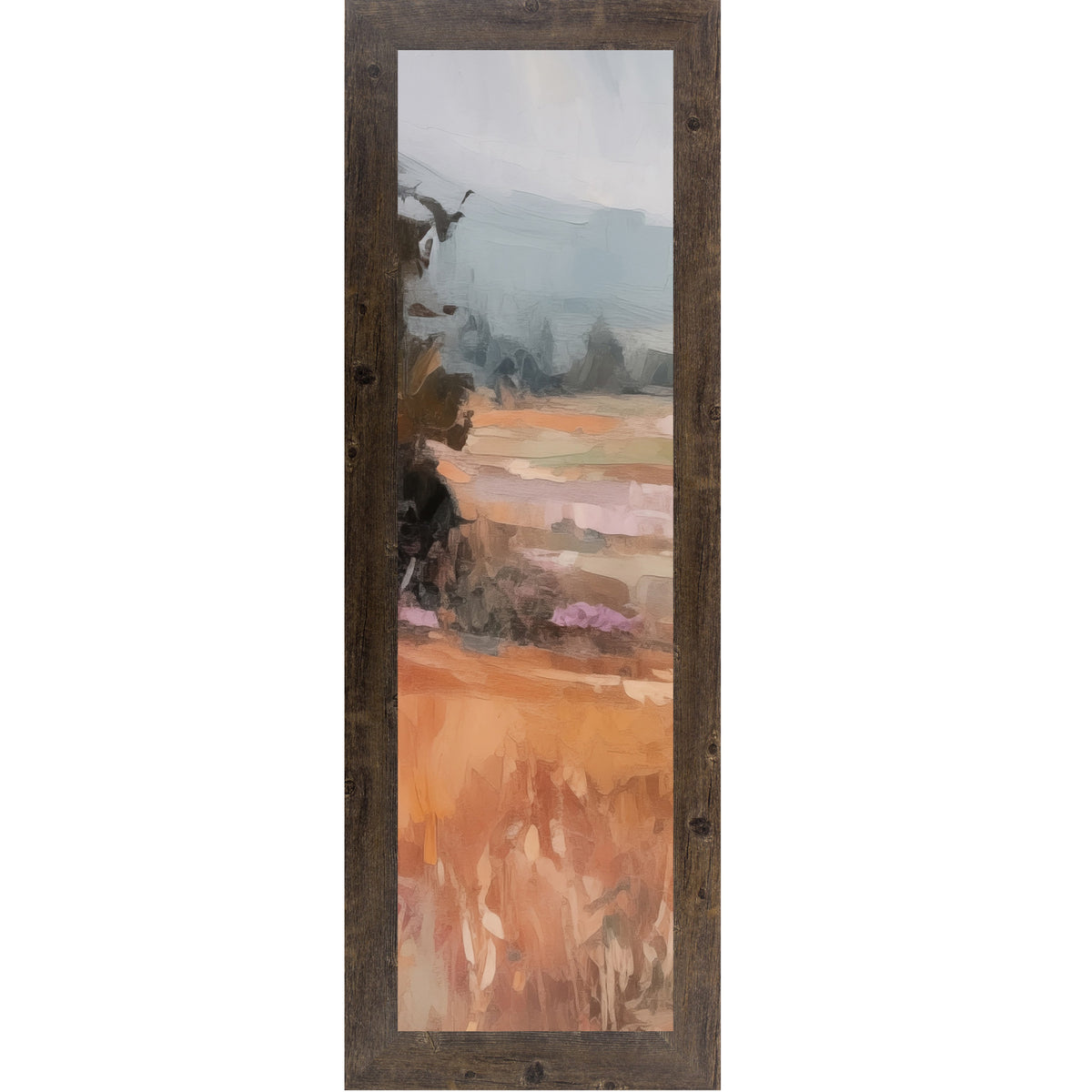 Natural brown framed narrow portrait abstract terracotta landscape wall art with moody blue-grey sky dark tree left edge and warm amber field with purple lavender midground tones