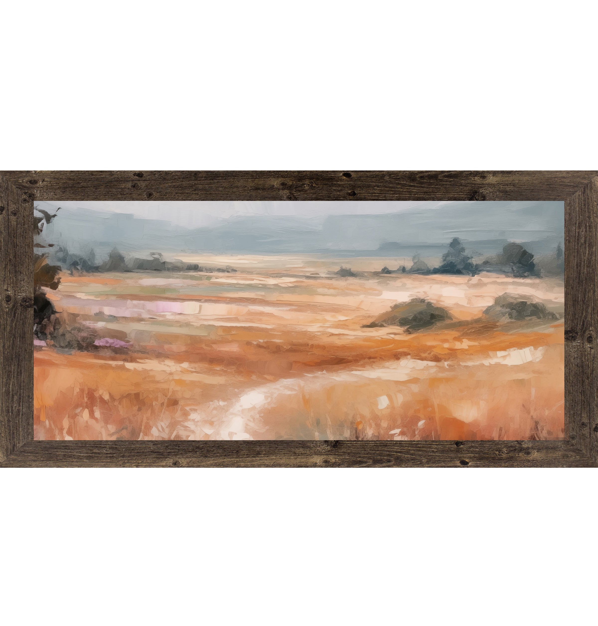 Natural Brown framed wide landscape abstract terracotta wall art showing full panoramic scene with warm amber orange field dark trees left edge soft peach midground and dramatic blue-grey sky with bold expressive brushwork