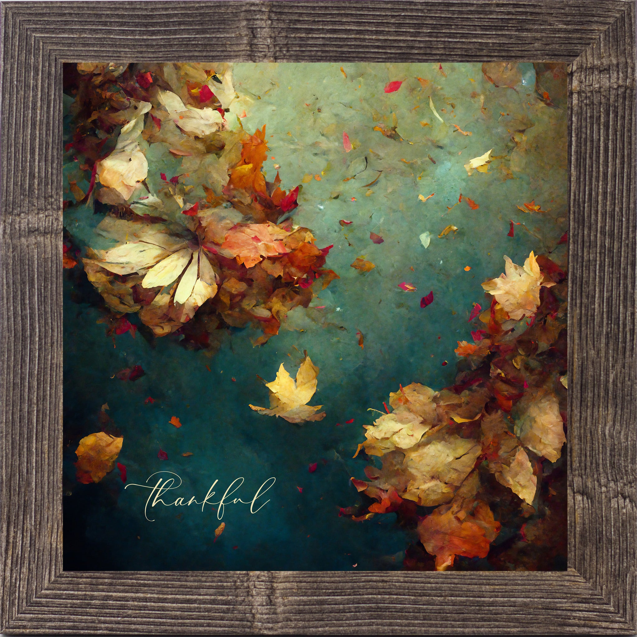 Natural Brown framed square fall wall art featuring teal watercolor autumn maple leaves in cream and deep crimson with the word "thankful" in script — Thankful SB306