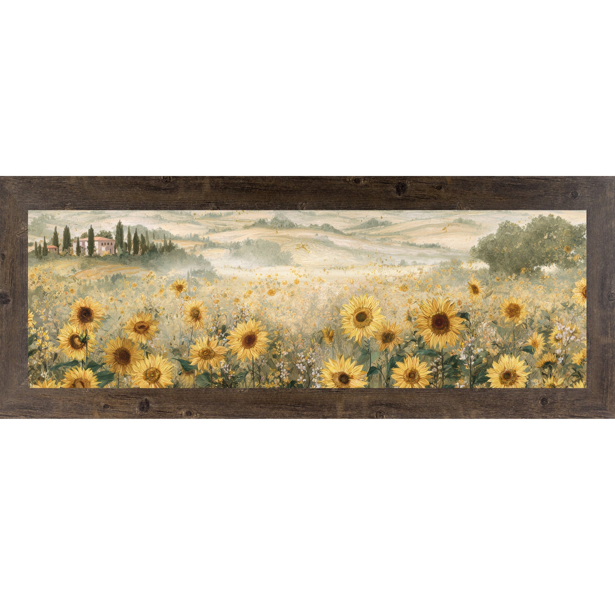 Natural brown framed wide landscape Tuscan sunflower wall art featuring golden sunflowers in the foreground with rolling Italian hills, cypress trees, a terracotta villa, and soft misty countryside in the distance