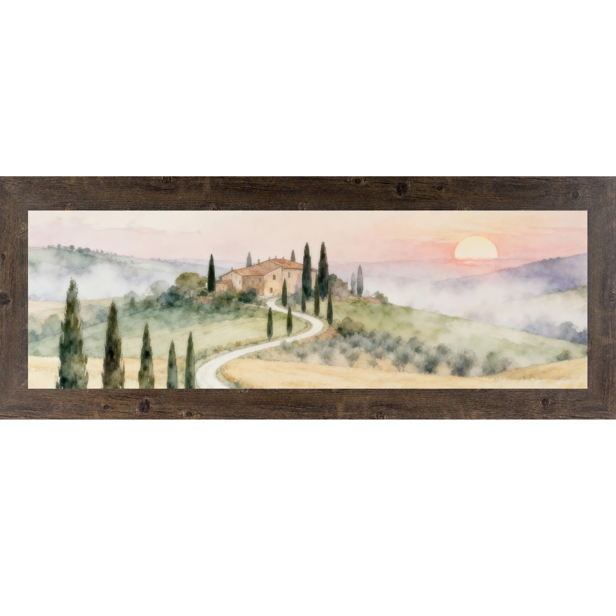 Natural brown framed wide landscape Tuscan watercolor wall art featuring a winding white road through golden wheat fields and cypress trees leading to a terracotta villa on a green hillside with a peach and coral sunrise
