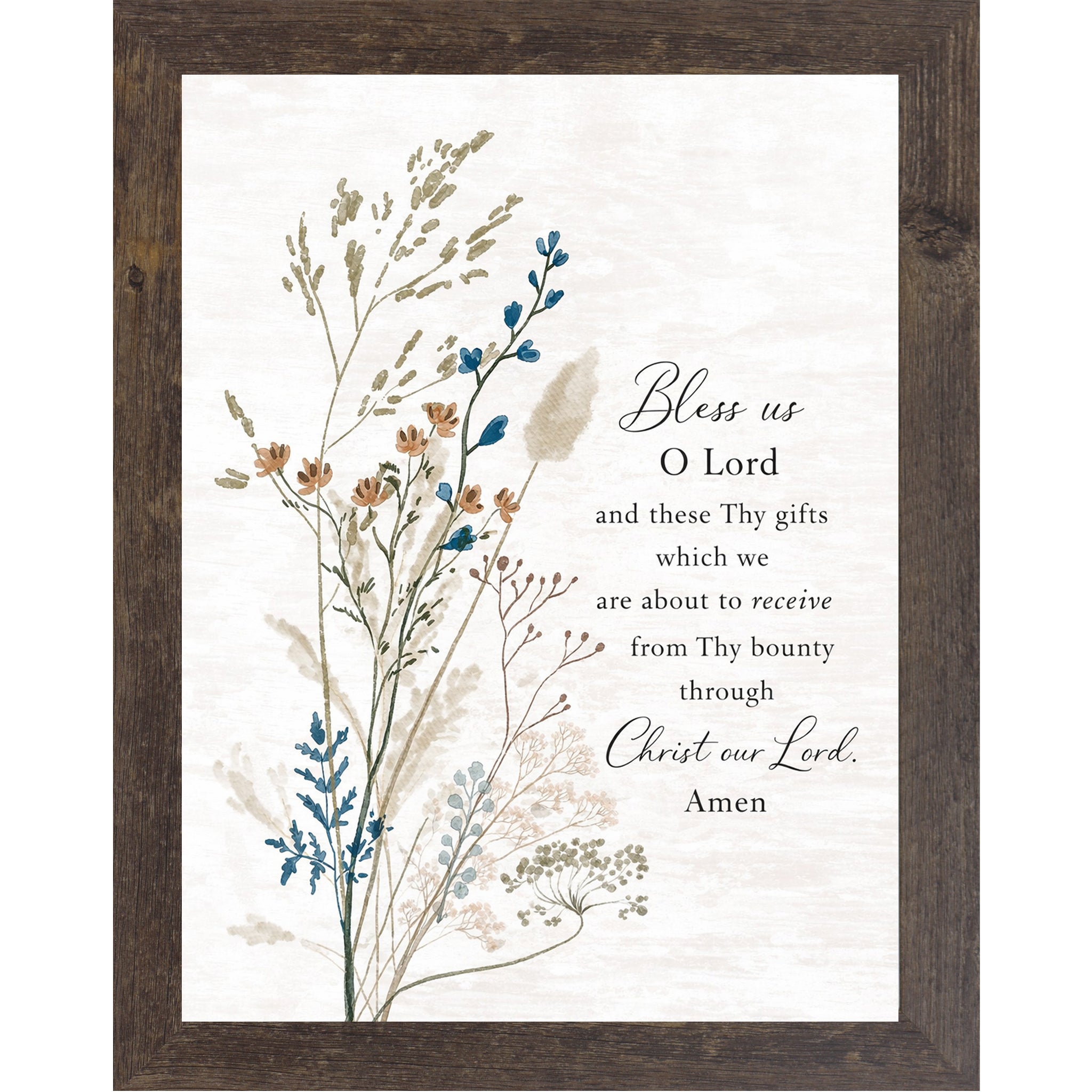 Natural brown framed portrait Catholic prayer wall art with elegant wildflower botanicals on cream background and the words "Bless Us O Lord and These Thy Gifts Through Christ Our Lord Amen"