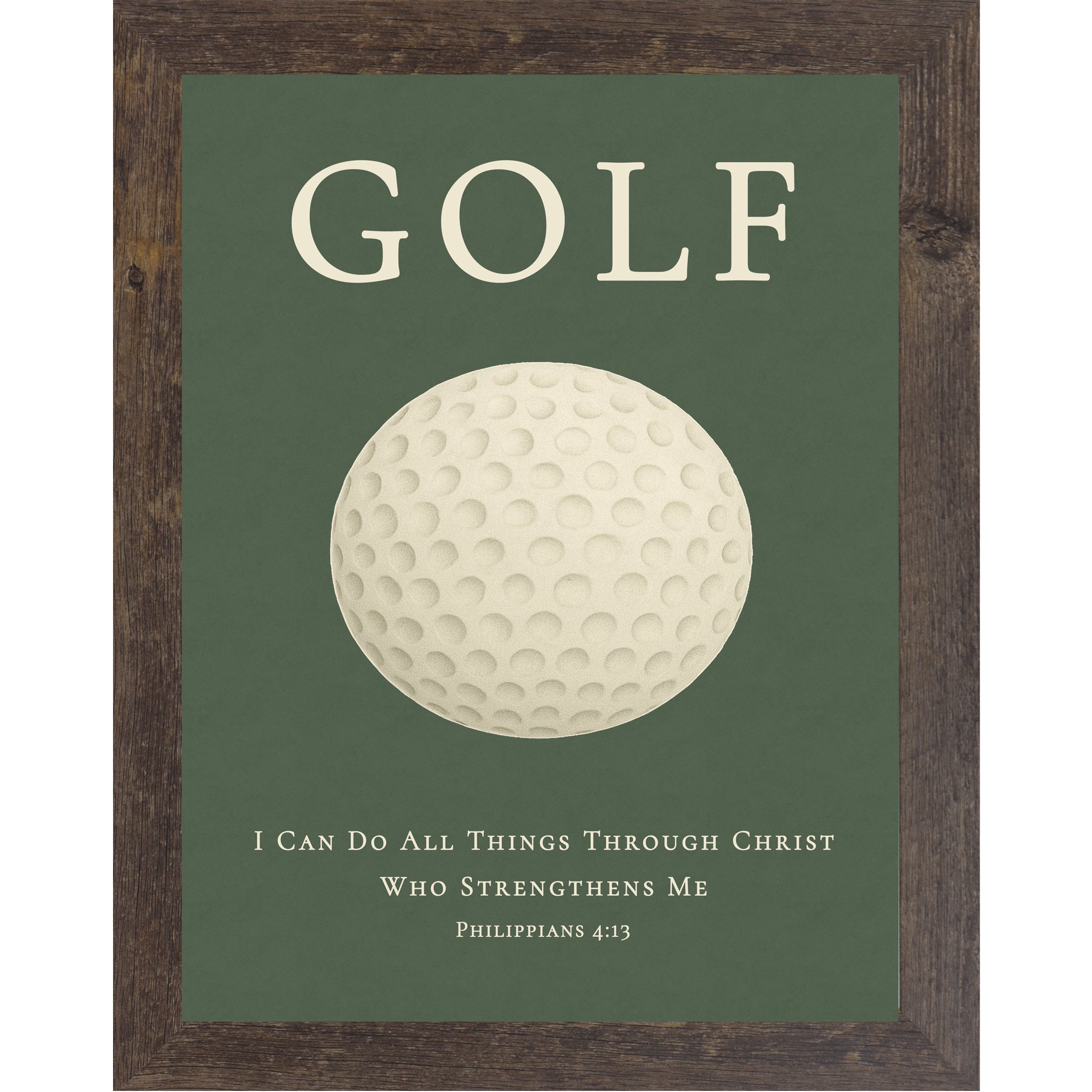 Natural Brown Color Framed Christian golf wall art featuring a golf ball with the Bible verse Philippians 4:13 on a green background.