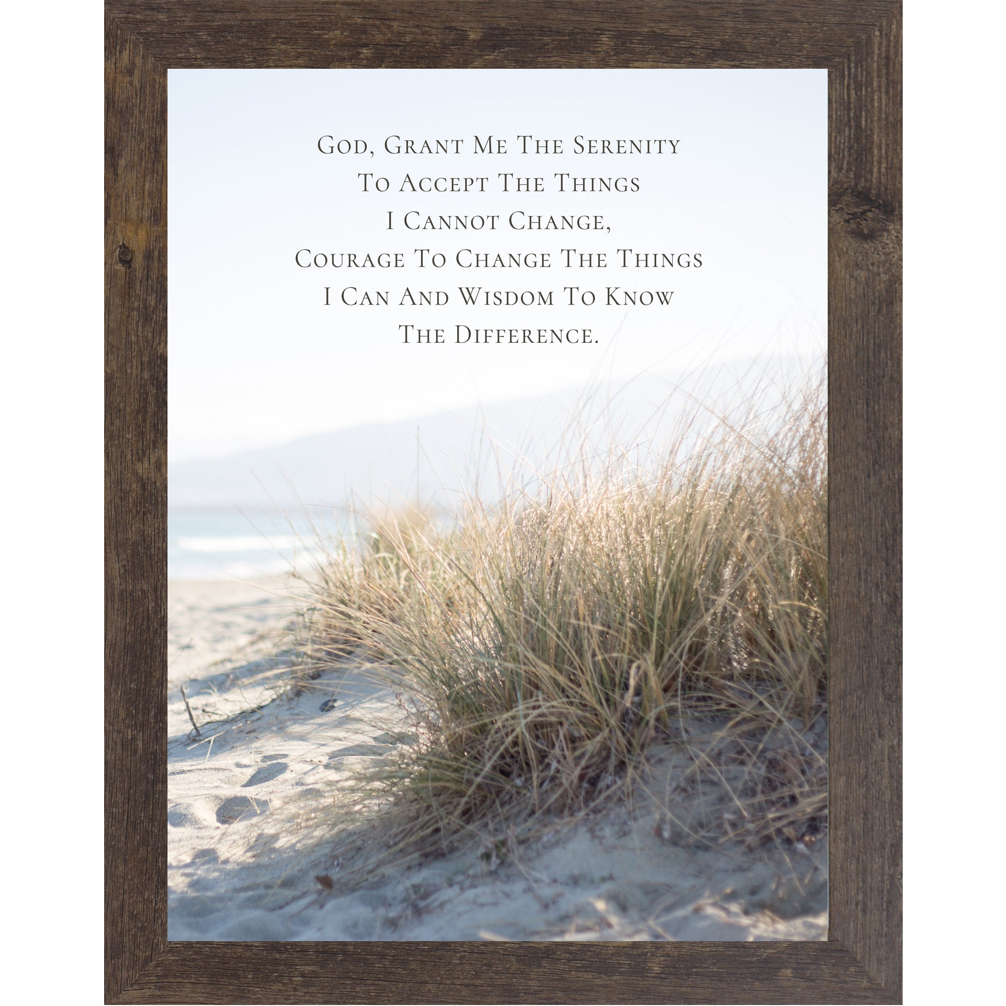 Natural brown framed portrait Serenity Prayer wall art with coastal beach dune grass photography ocean view and misty hills — Christian scripture faith decor