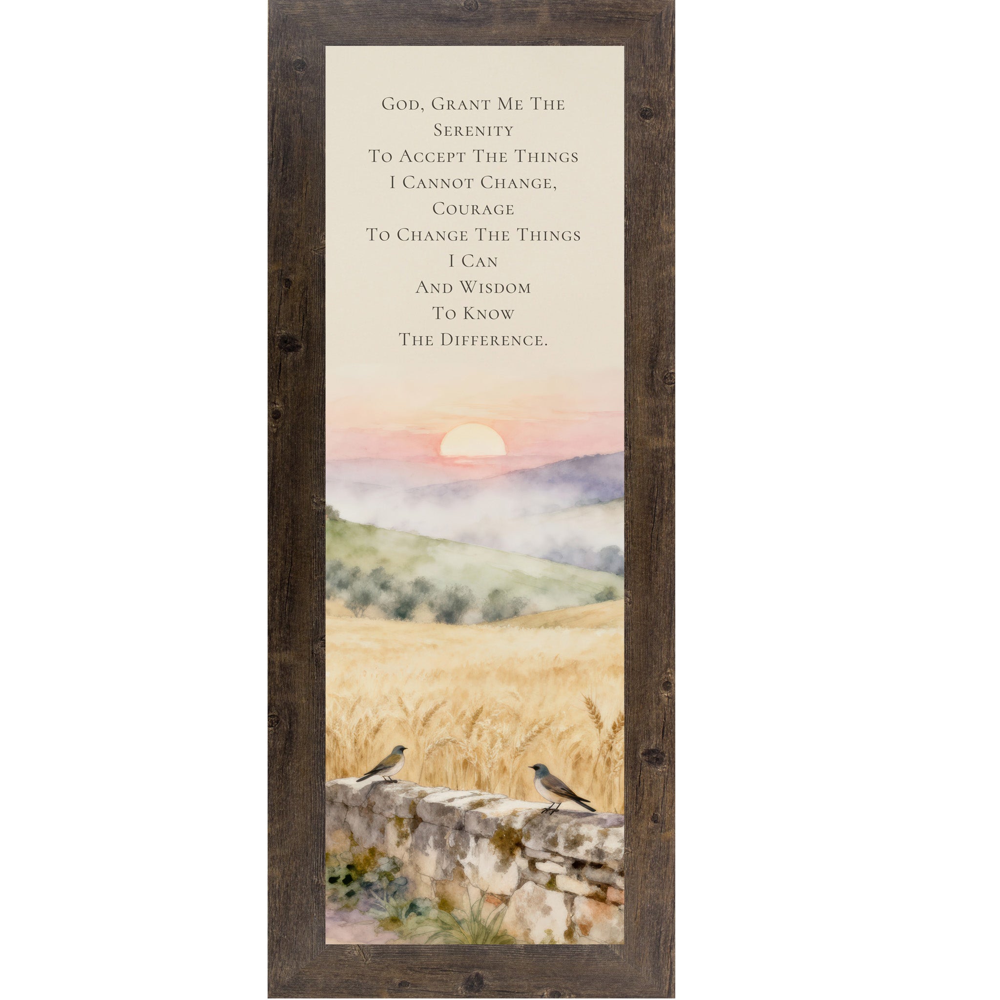 Natural brown framed narrow portrait Serenity Prayer wall art with Tuscan sunrise watercolor landscape two bluebirds on stone wall and golden wheat fields — Italian Christian scripture decor