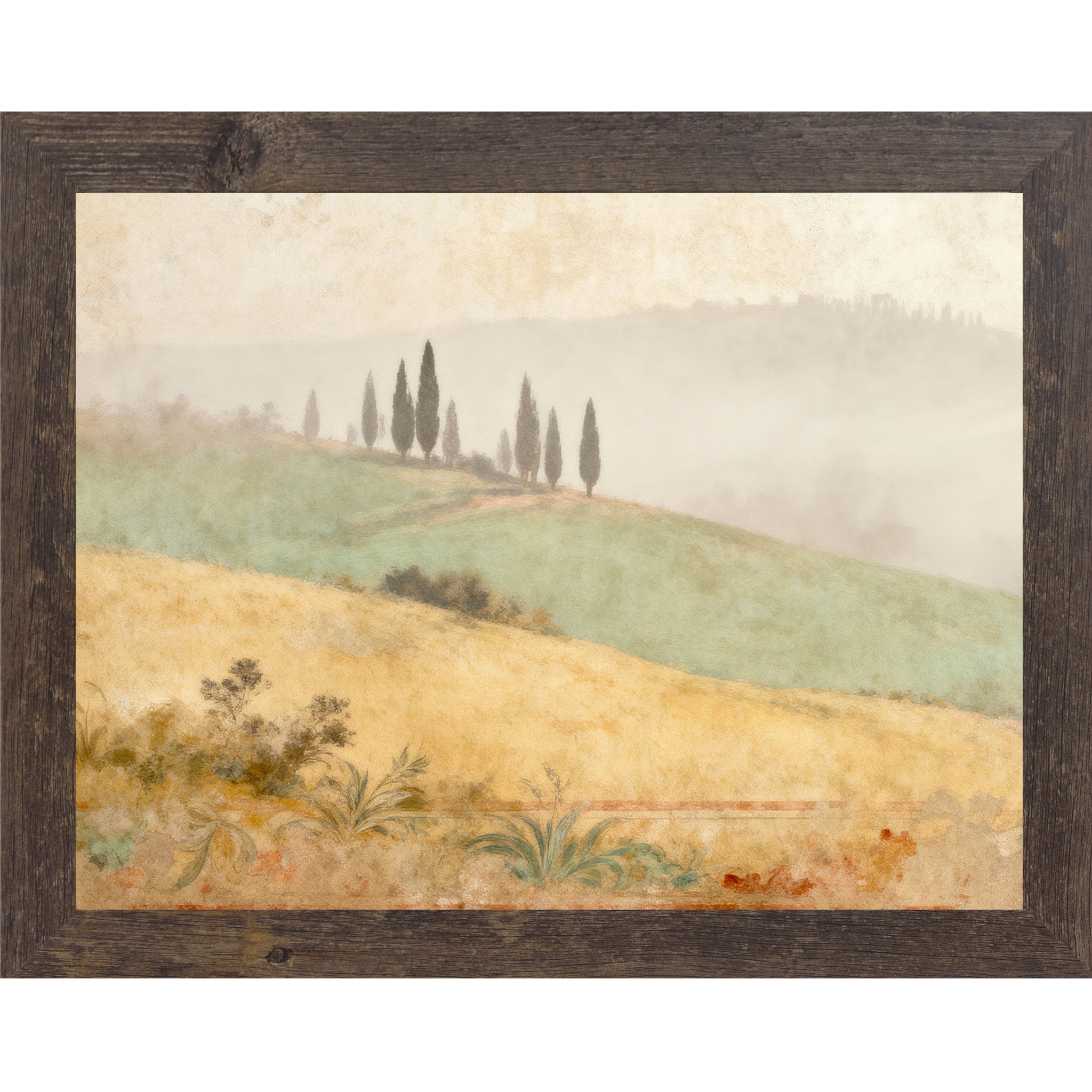Natural brown framed landscape Tuscan wall art with misty cypress trees on rolling golden wheat fields and distressed fresco botanical border — Italian countryside watercolor decor