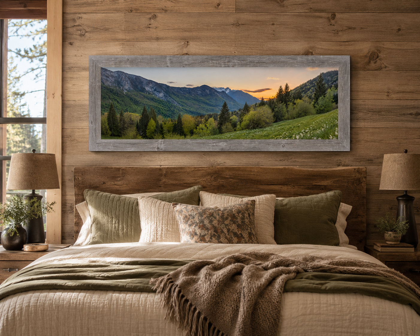 Gray framed wide panoramic nature wall art featuring a mountain valley sunset with snow-capped peaks evergreen forest and wildflower meadow displayed as a large 40x14 statement piece above a live edge reclaimed wood headboard in a rustic cabin bedroom with olive green bedding and wood plank walls