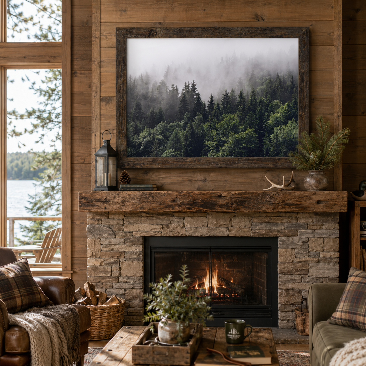 Natural brown framed horizontal misty pine forest wall art displayed as a large 32x26 statement piece above a stone fireplace mantle in an authentic log cabin living room with roaring fire leather chairs plaid pillows antler decor and lake view through the window