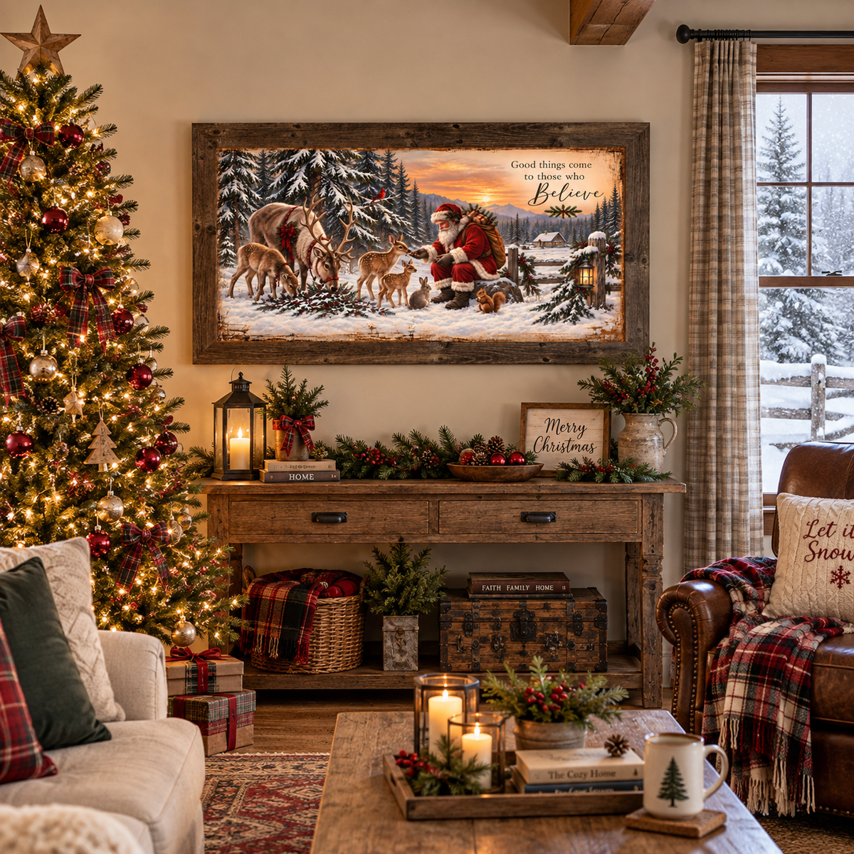Santa feeding the animals wall art in a natural brown frame above a console table in a cozy Christmas living room