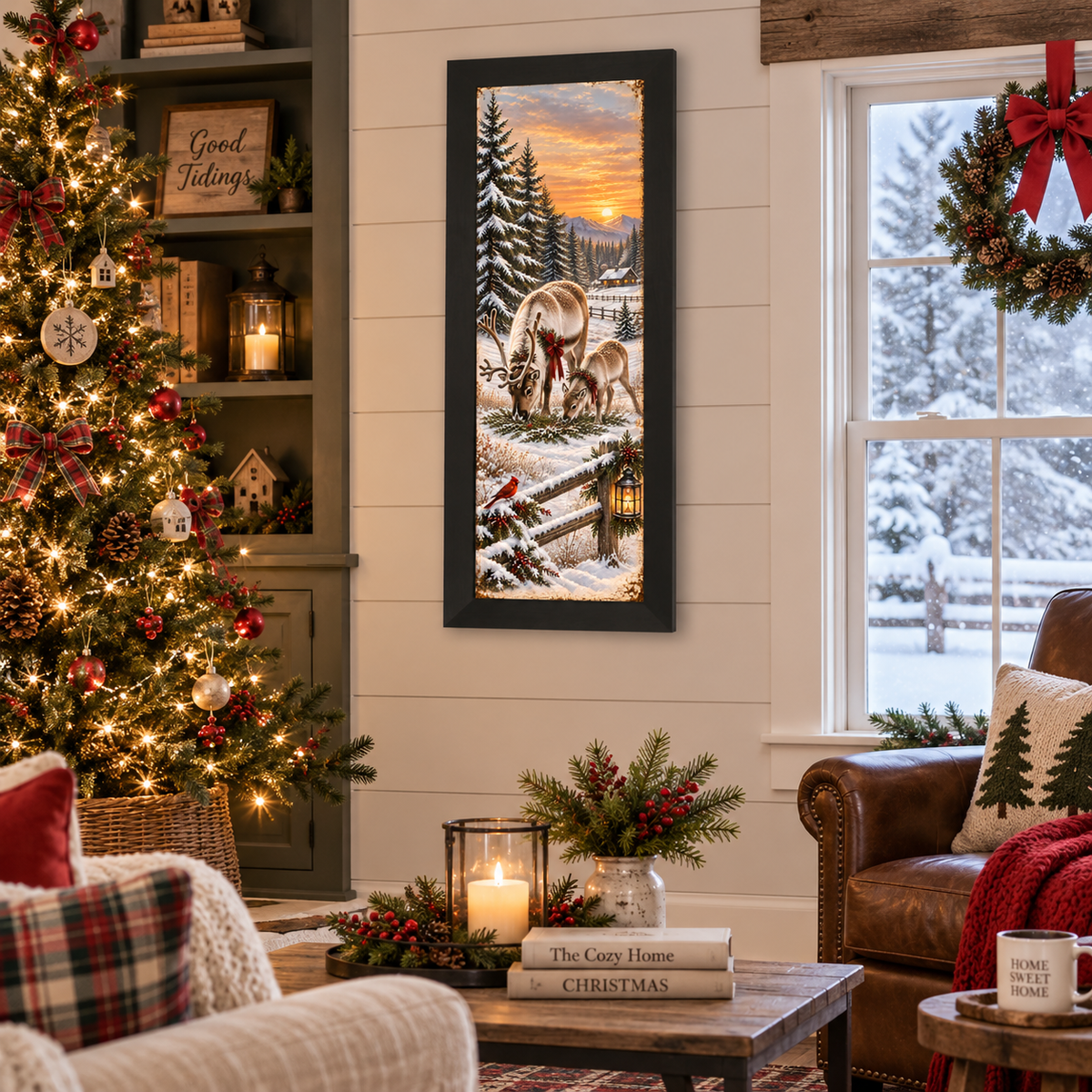 Reindeer and cardinal wall art in a black frame on a shiplap wall beside a Christmas tree